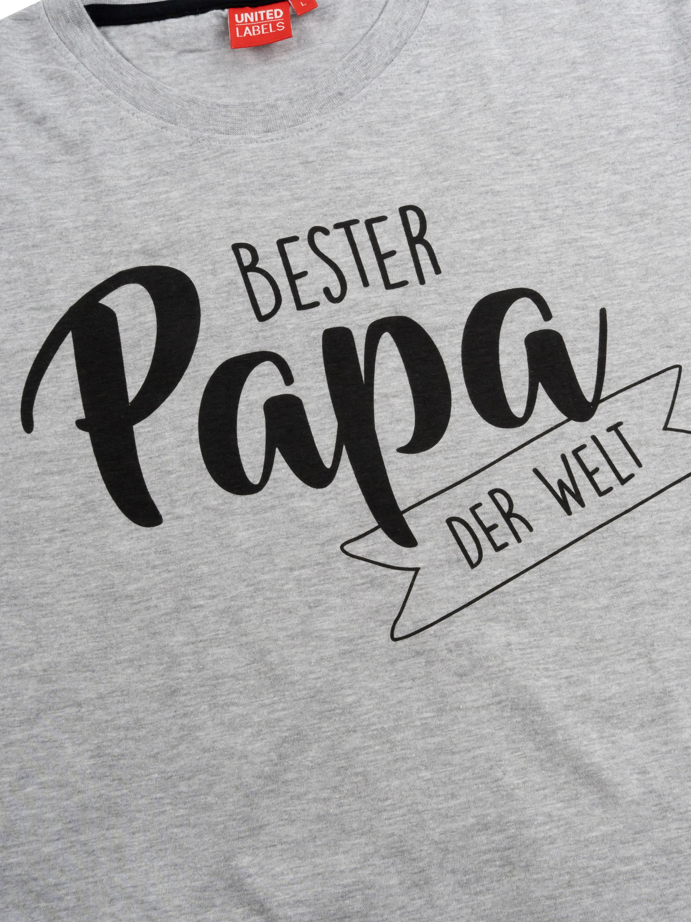 Graues T-Shirt mit dem Text 'BESTER Papa DER WELT' in schwarzer Schrift.