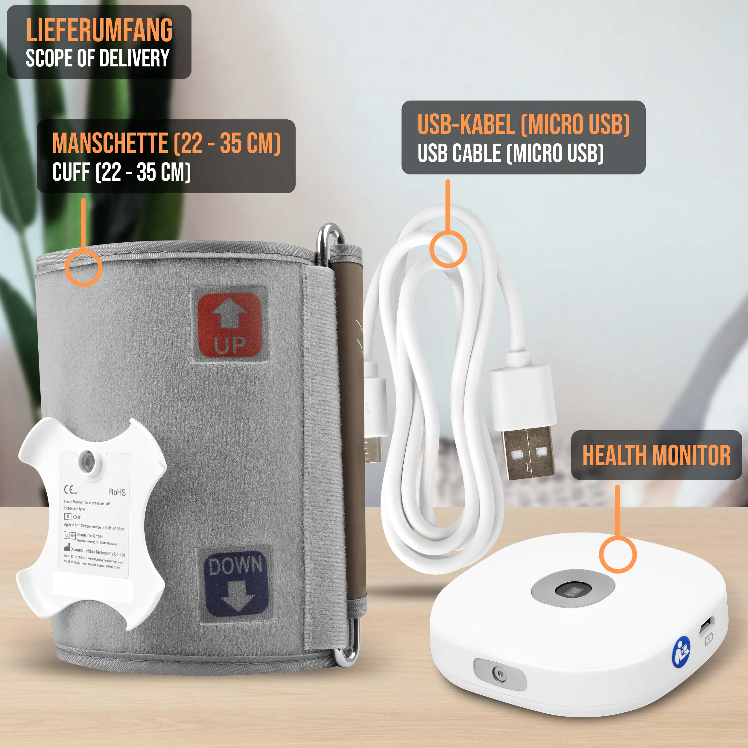 Bestandteile eines Blutdruckmessgeräts: eine Manschette, ein Kabel und der Gesundheitsmonitor.
