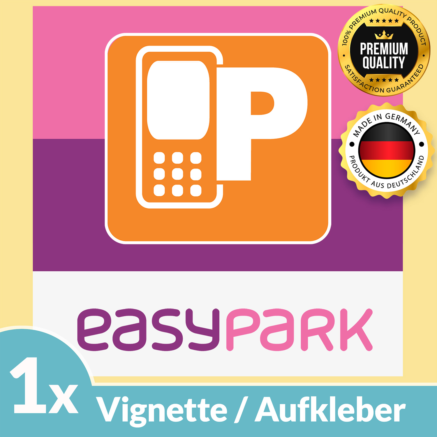 Orange und lila Schild mit 'easyPark' und Logo. Es hat ein 'Premium Quality'-Abzeichen.