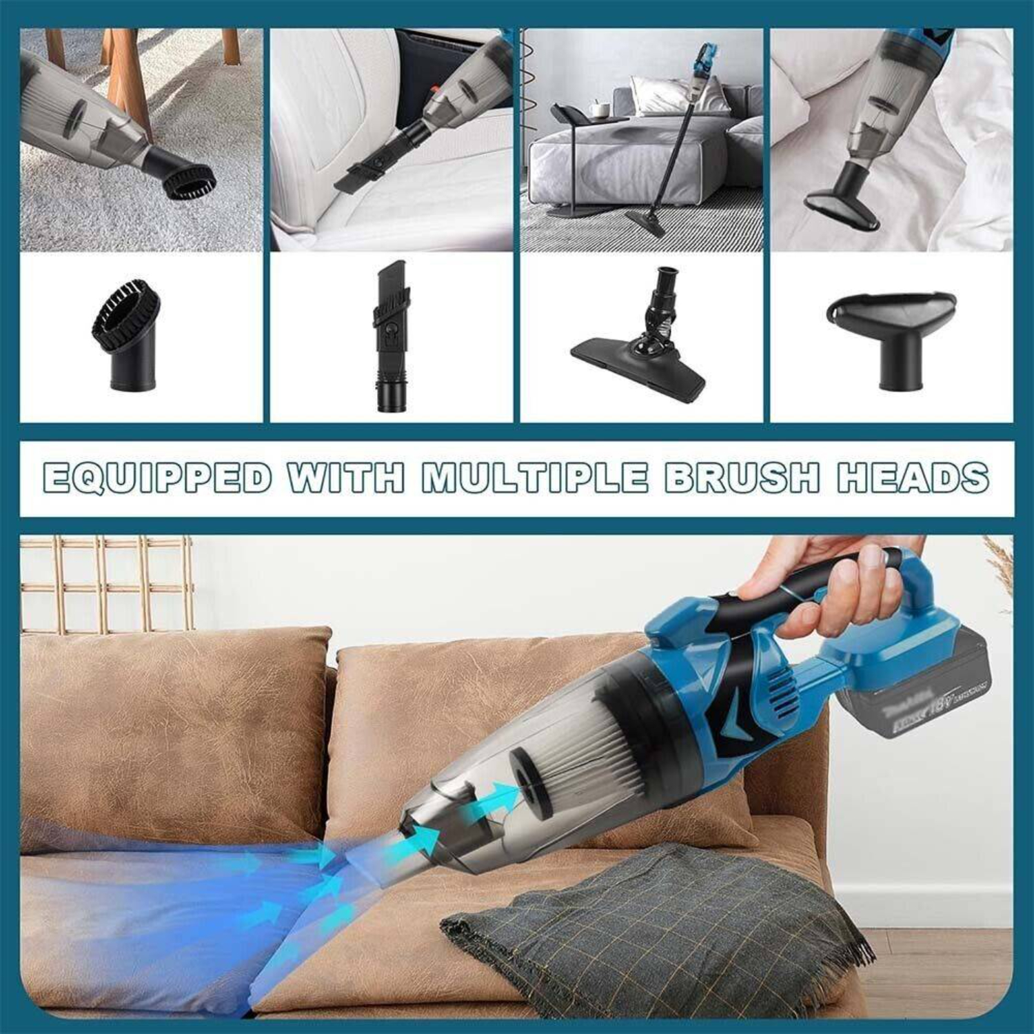 Ein blau-schwarzer Handstaubsauger mit mehreren Bürstenaufsätzen, der eine Couch reinigt.