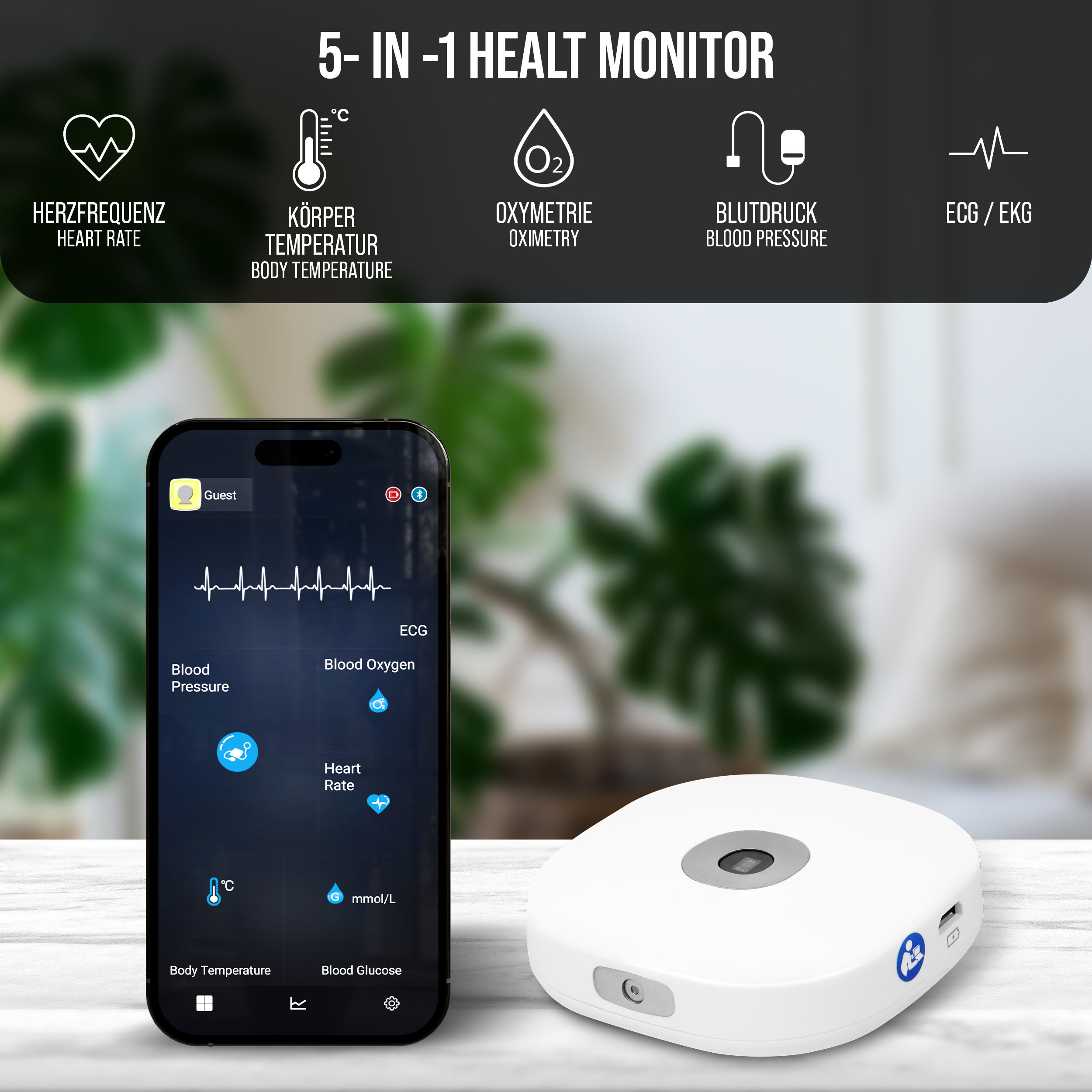 Ein Gerät mit einem Telefon, das Gesundheitsstatistiken anzeigt. Zeigt Herzfrequenz, Körpertemperatur, Sauerstoff, Blutdruck und EKG.