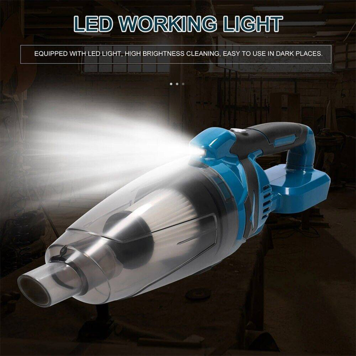 Blau-schwarzer Handstaubsauger mit hellem LED-Licht nach vorne.