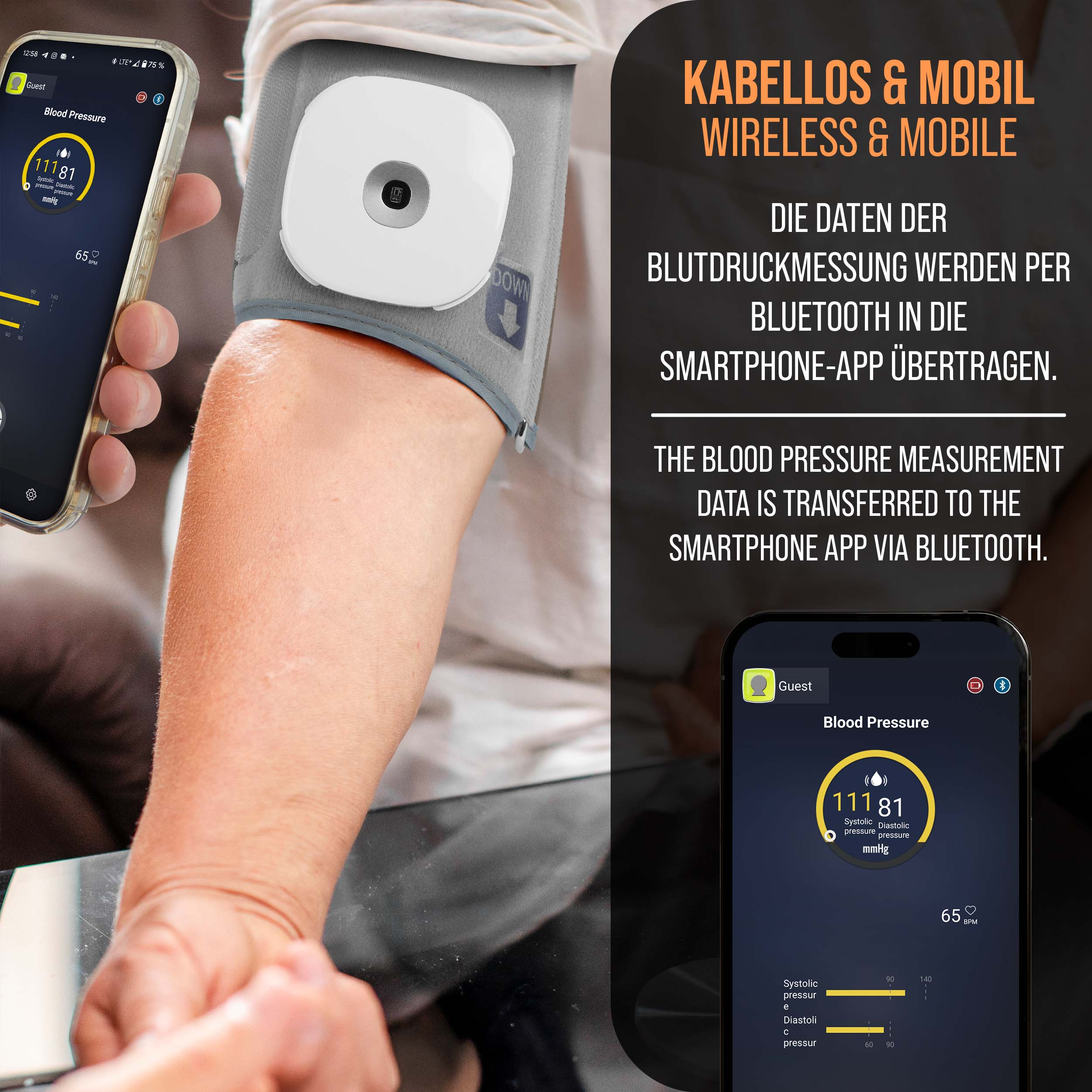 Person mit Blutdruckmessgerät am Arm. Telefon zeigt Blutdruckwerte per Bluetooth an.