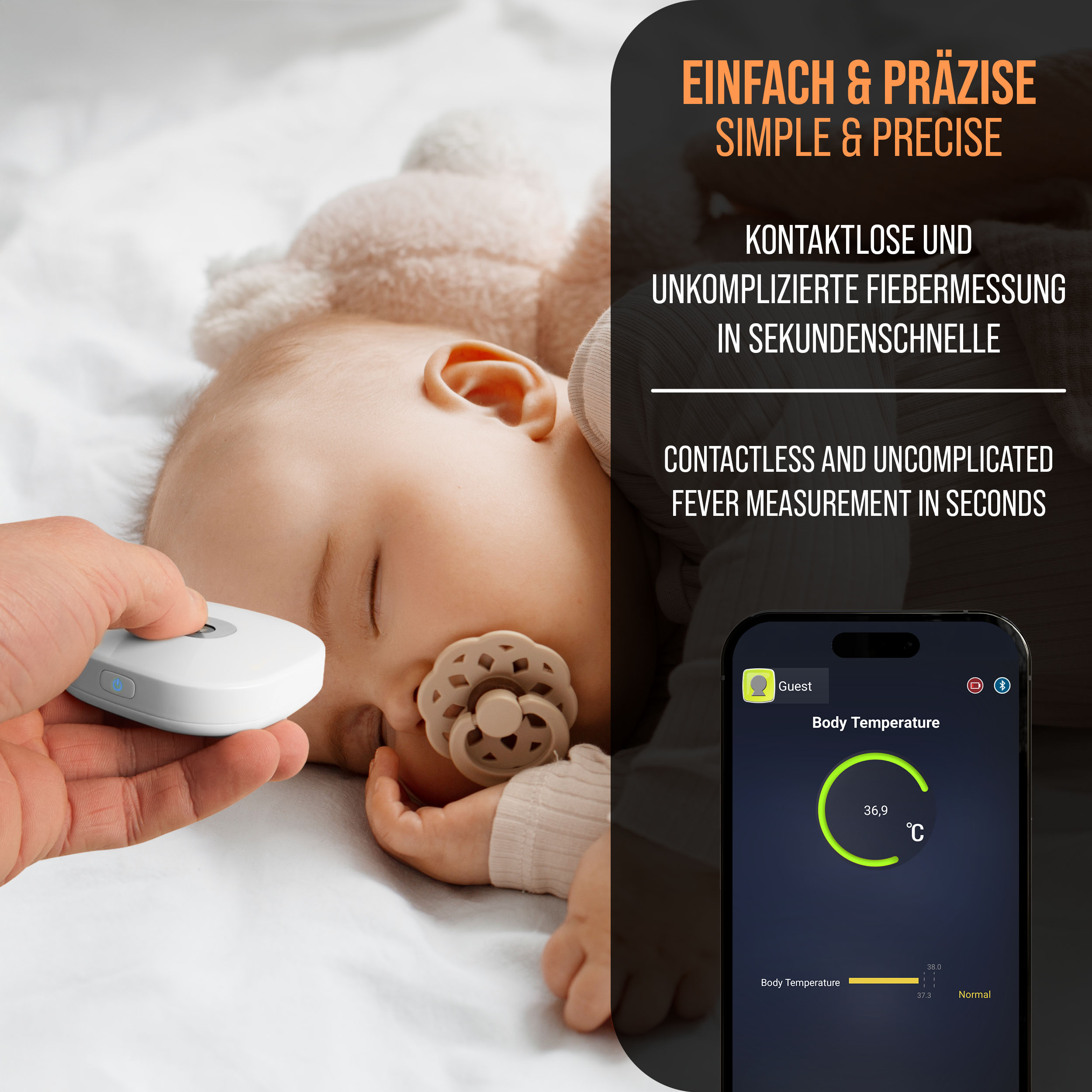 Baby schläft mit Schnuller, Temperatur wird mit weißem, berührungslosem Thermometer gemessen.