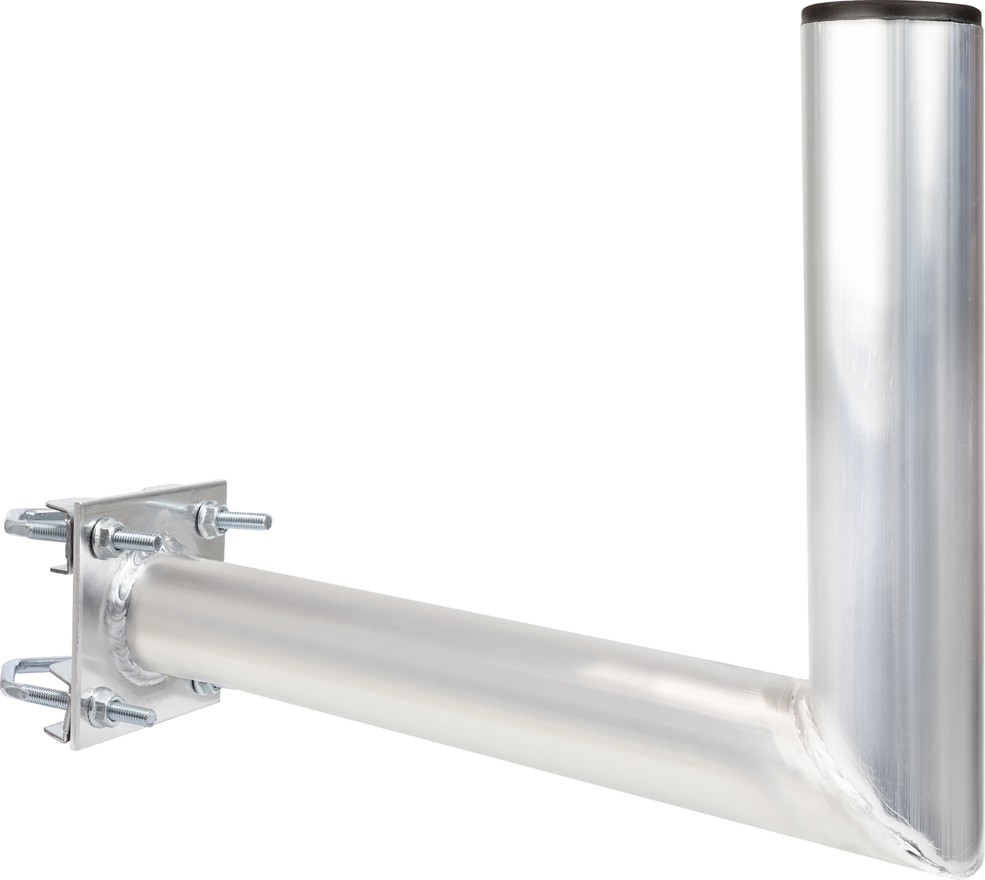 Ein silberfarbener Antennenhalter mit Befestigungsmaterial auf weißem Hintergrund.