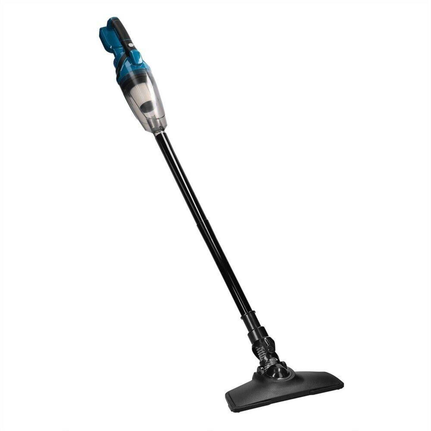 Blau-schwarzer Staubsauger. Langer Griff mit Bürstenkopf. Weißer Hintergrund.