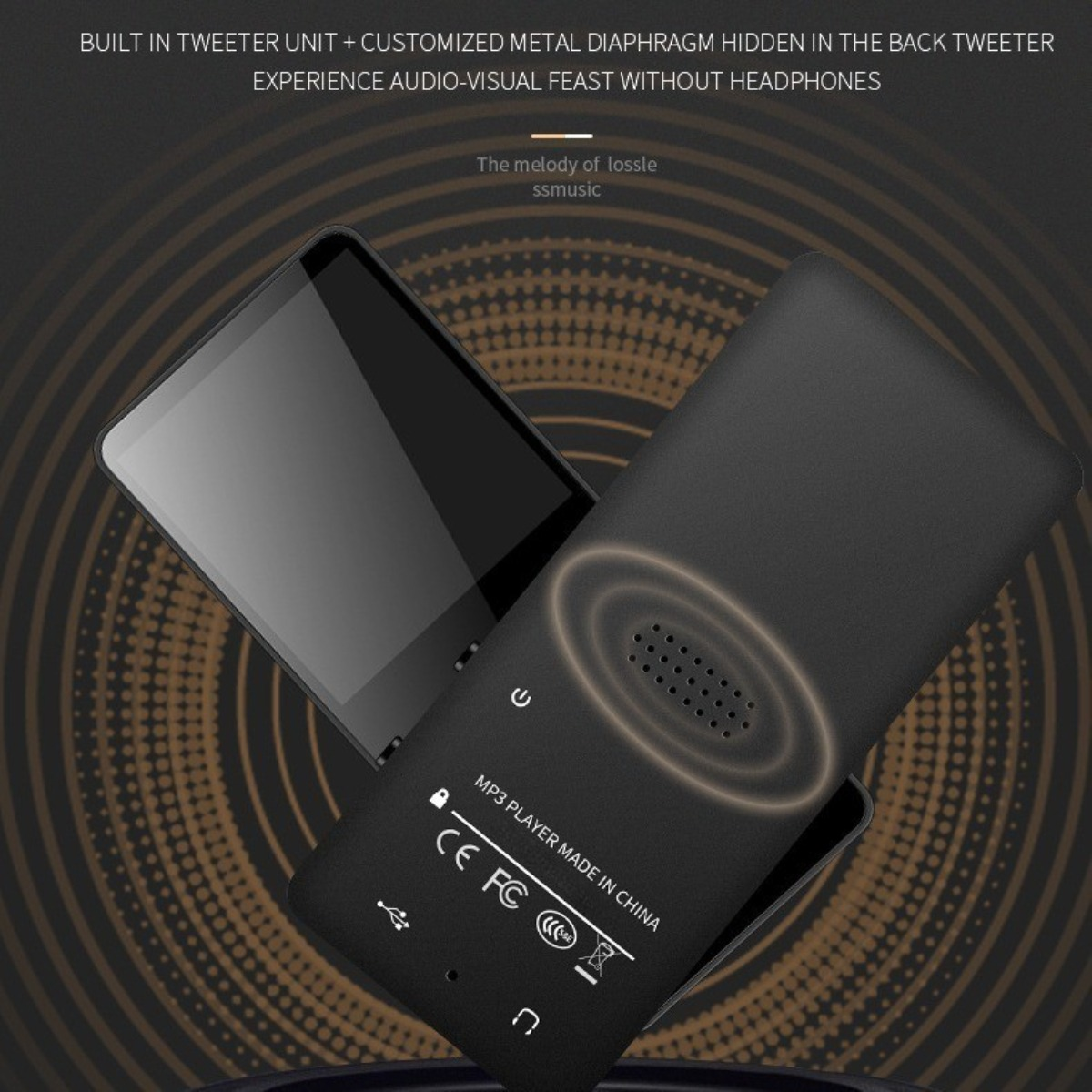 Ein MP3-Player, mit Bildschirm und Lautsprecher sichtbar, und Text über Audioqualität.