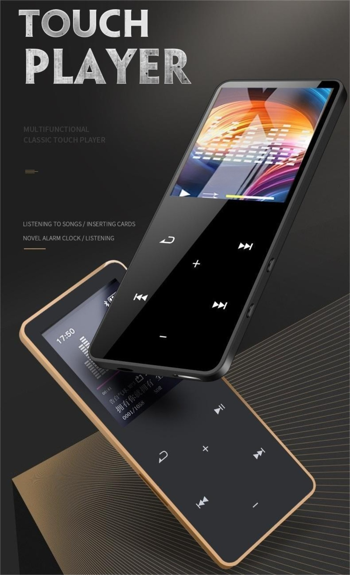 Zwei schwarze Touch Player MP3s. Eines zeigt einen Bildschirm und ein anderes liegt.