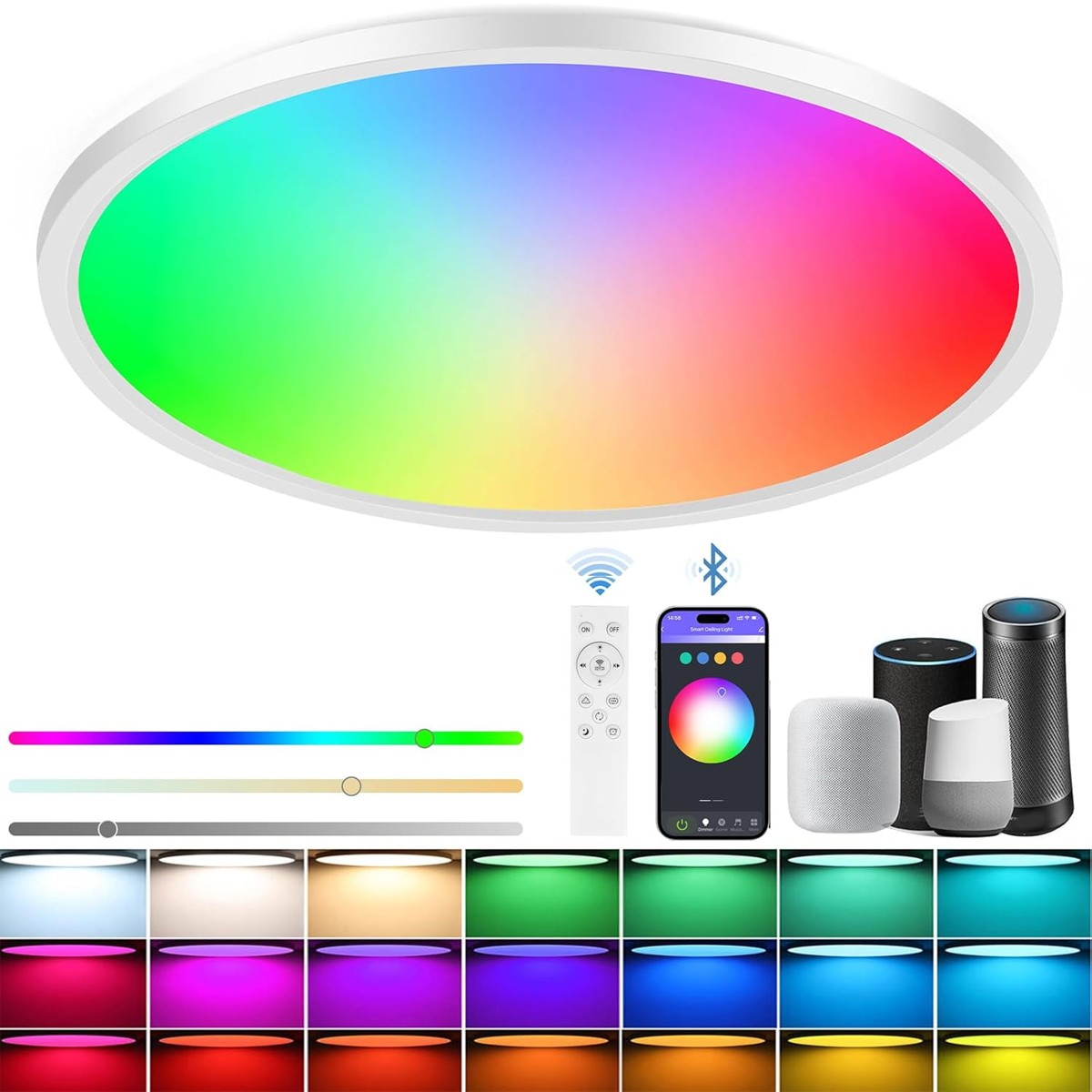 LED-Deckenleuchte mit Farbsteuerungsoptionen und Smartphone-App sowie Smart Speakern.