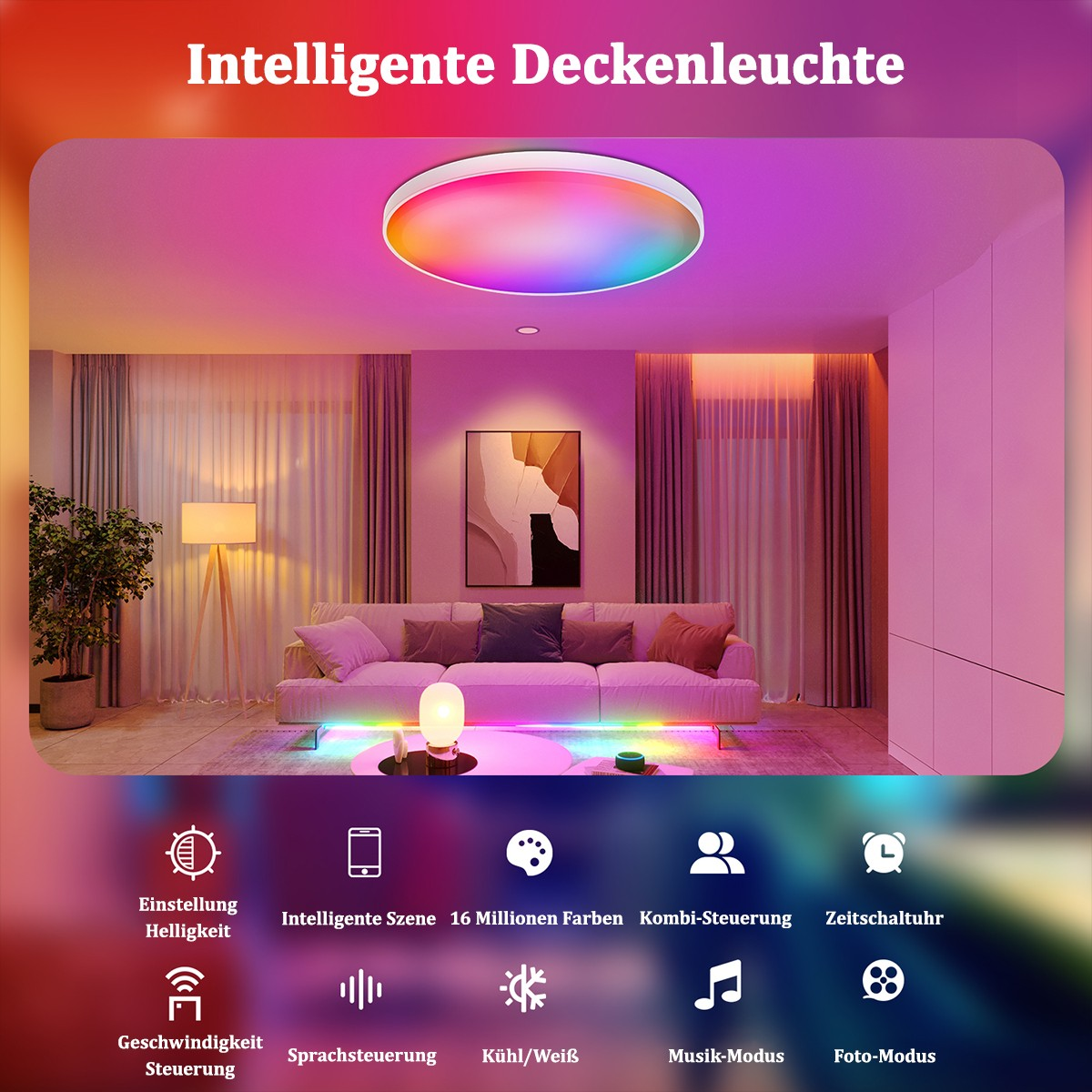Eine Deckenleuchte mit Farboptionen und Symbolen. Der Hintergrund zeigt ein Wohnzimmer.