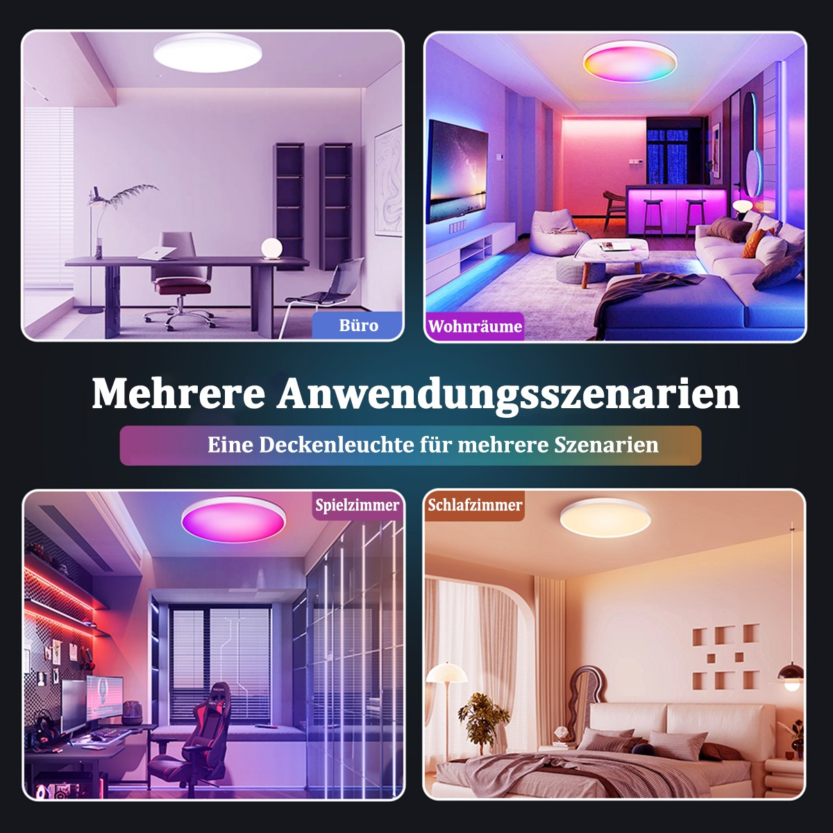 Vier Szenen einer Deckenleuchte in verschiedenen Räumen, Büro, Wohnzimmer, Schlafzimmer.