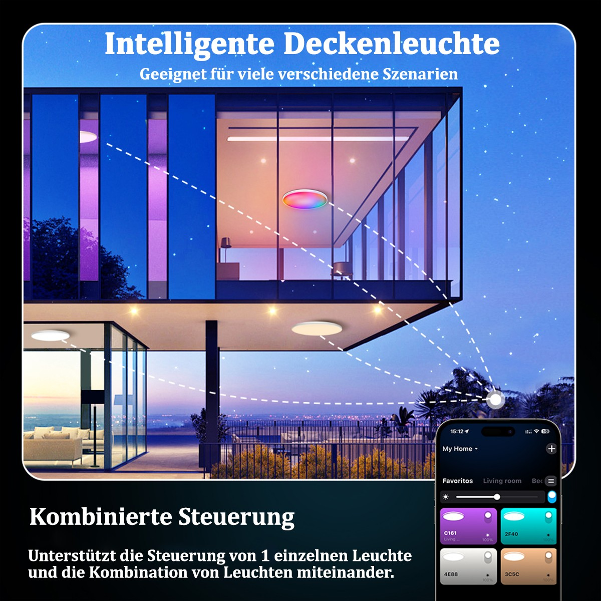Modernes Haus von außen bei Nacht mit intelligenten Deckenleuchten und Telefon.