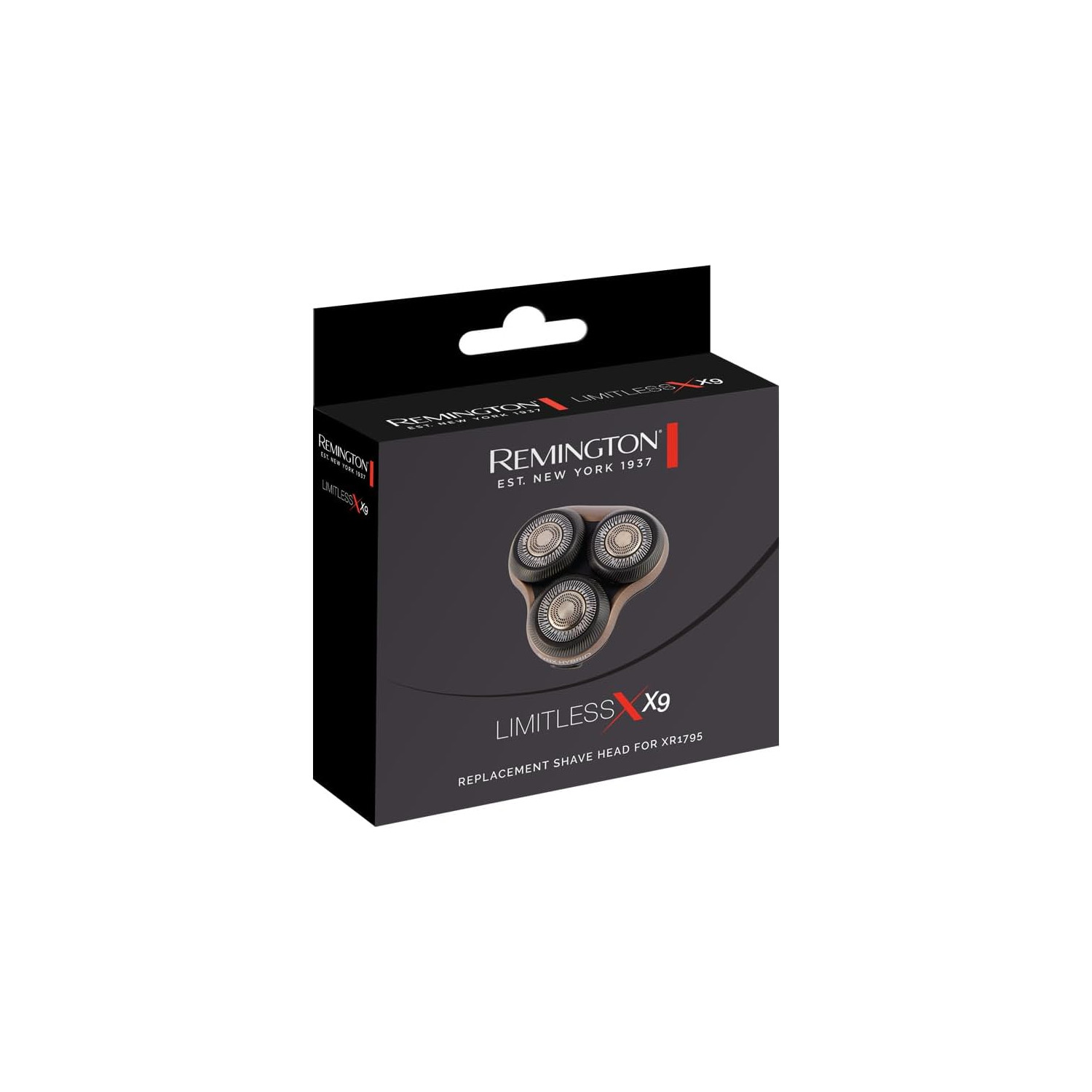 Remington Ersatzrasiererkopf-Box. Schwarze Box mit Produktbild auf der Vorderseite.