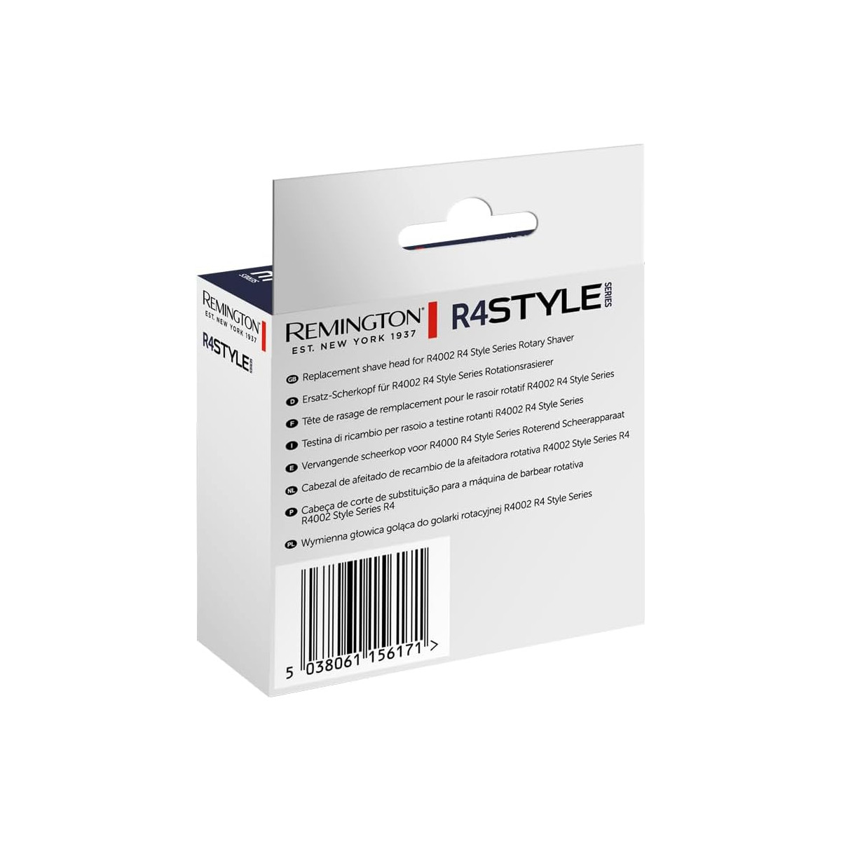 Remington R4Style Rasierer-Ersatzkopf-Box. Verpackung mit Text und Produktdetails.