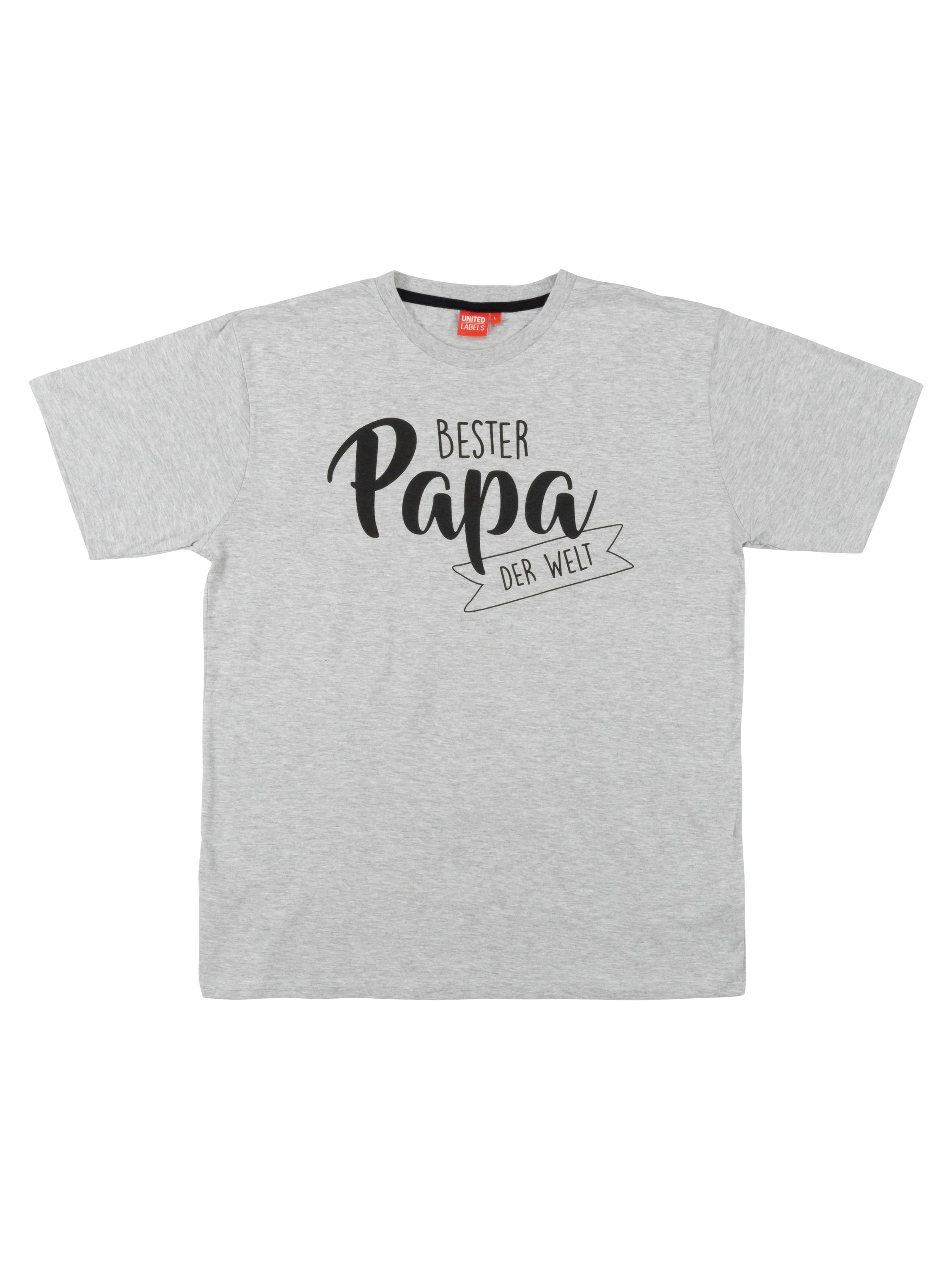 Ein graues T-Shirt mit dem Text „Bester Papa der Welt“ (Bester Papa der Welt).