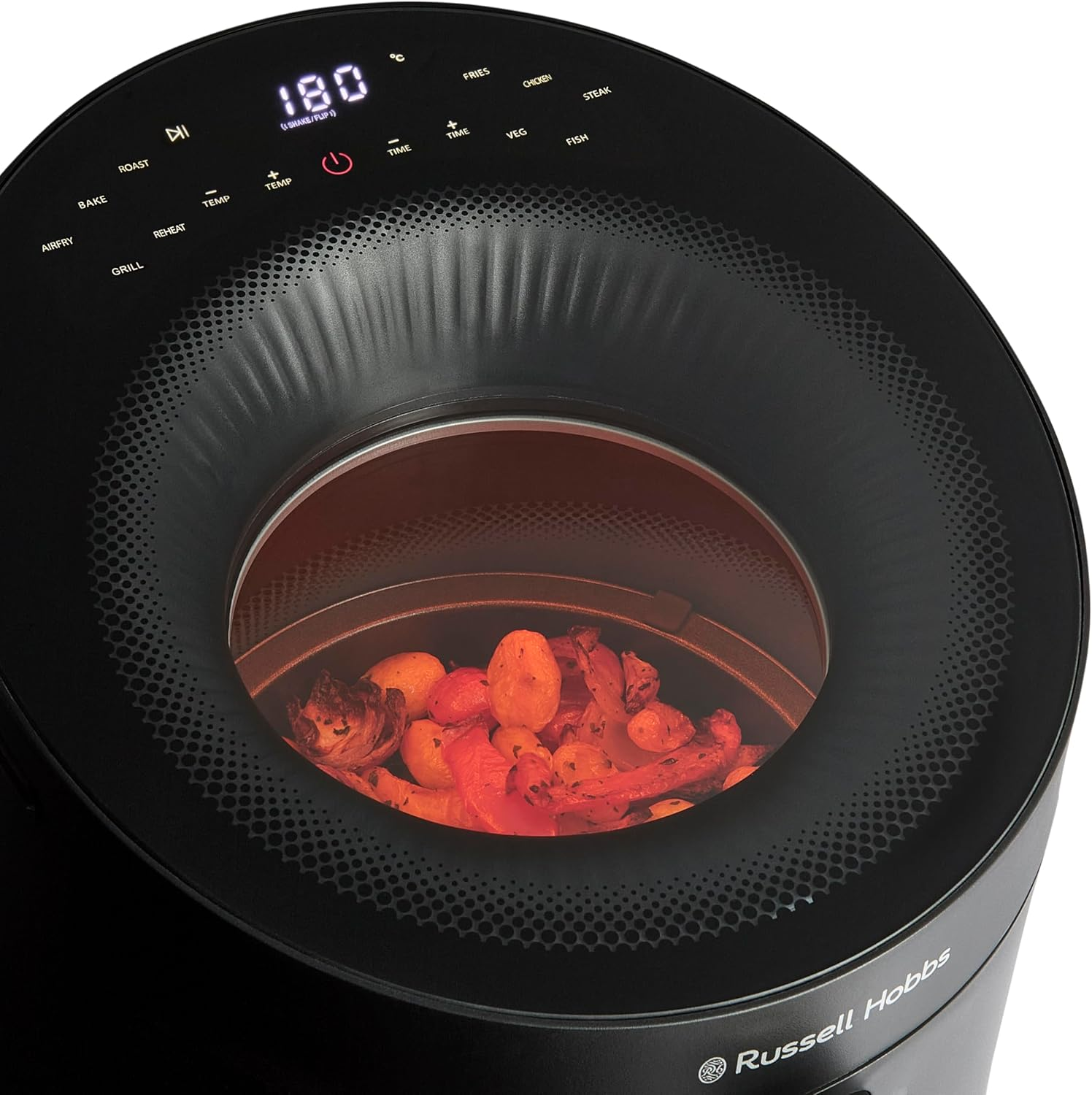 Friggitrice ad aria nera con verdure arrosto, display digitale mostra 180.