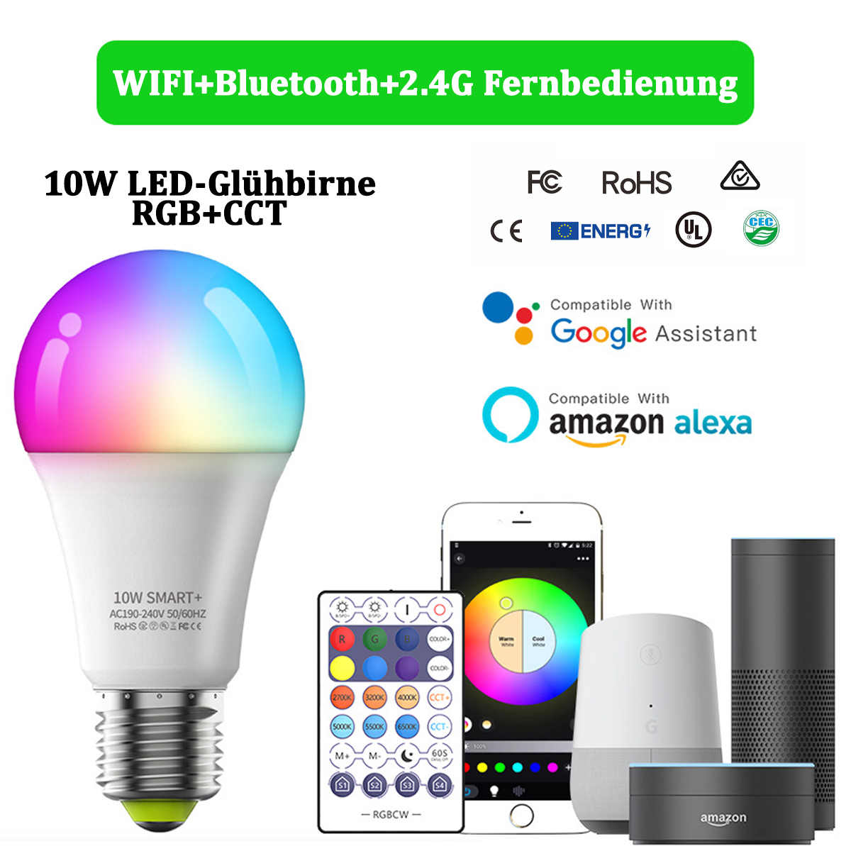 Eine intelligente Glühbirne mit mehrfarbigem Licht, Fernbedienung, Smartphone und Sprachassistenten auf weißem Hintergrund.