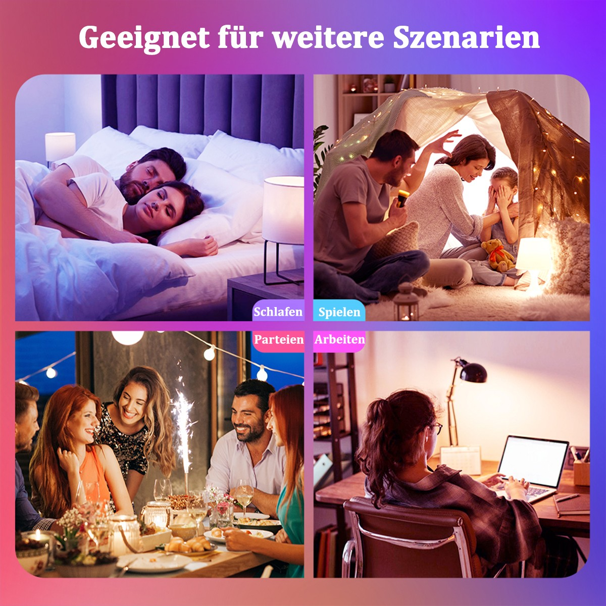 Vier Bilder, die verschiedene Szenen zeigen: schlafendes Paar, Familie im Zelt, Freunde auf einer Party, Person arbeitet am Laptop.