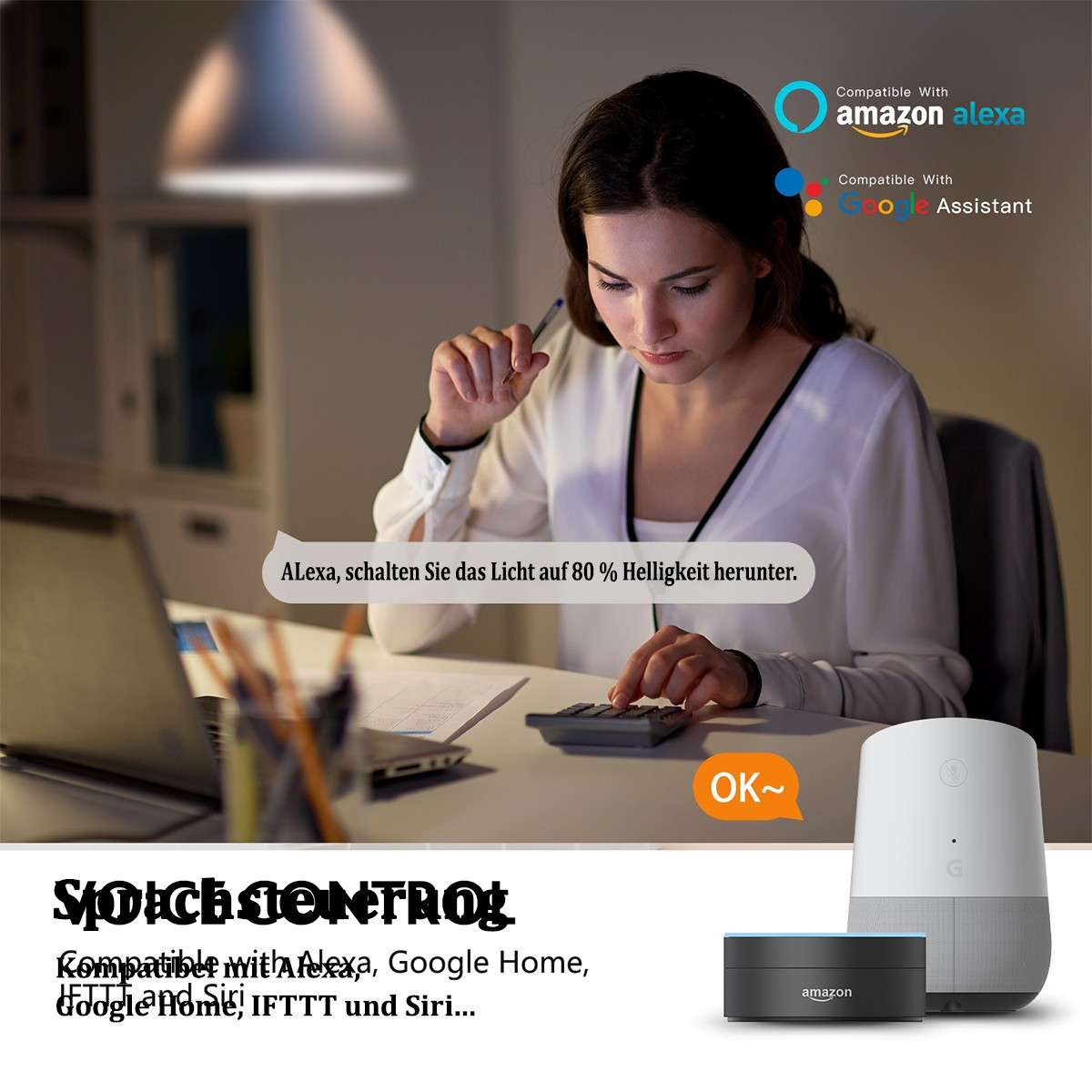 Eine Frau, die an einem Schreibtisch mit einem Taschenrechner arbeitet, ein intelligenter Lautsprecher und ein Smart-Home-Steuerungssystem.