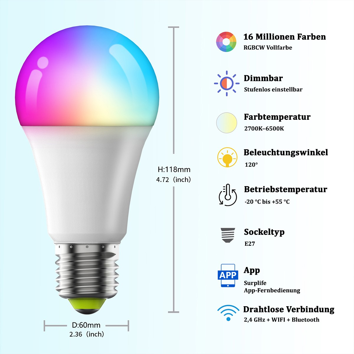 Eine weiße und grüne intelligente Glühbirne mit Abmessungen und beschriebenen Funktionen.