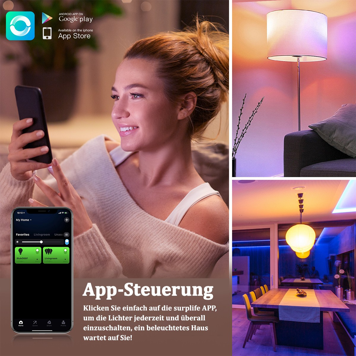 Eine Frau, die ein Telefon zur Steuerung von Smart-Home-Leuchten verwendet, mit Innenszenen und App-UI.
