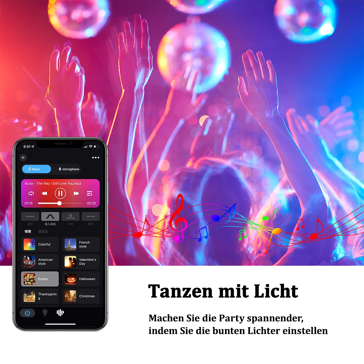 Ein Smartphone, das eine Musik-App anzeigt. Menschen tanzen im Hintergrund mit bunten Lichtern.