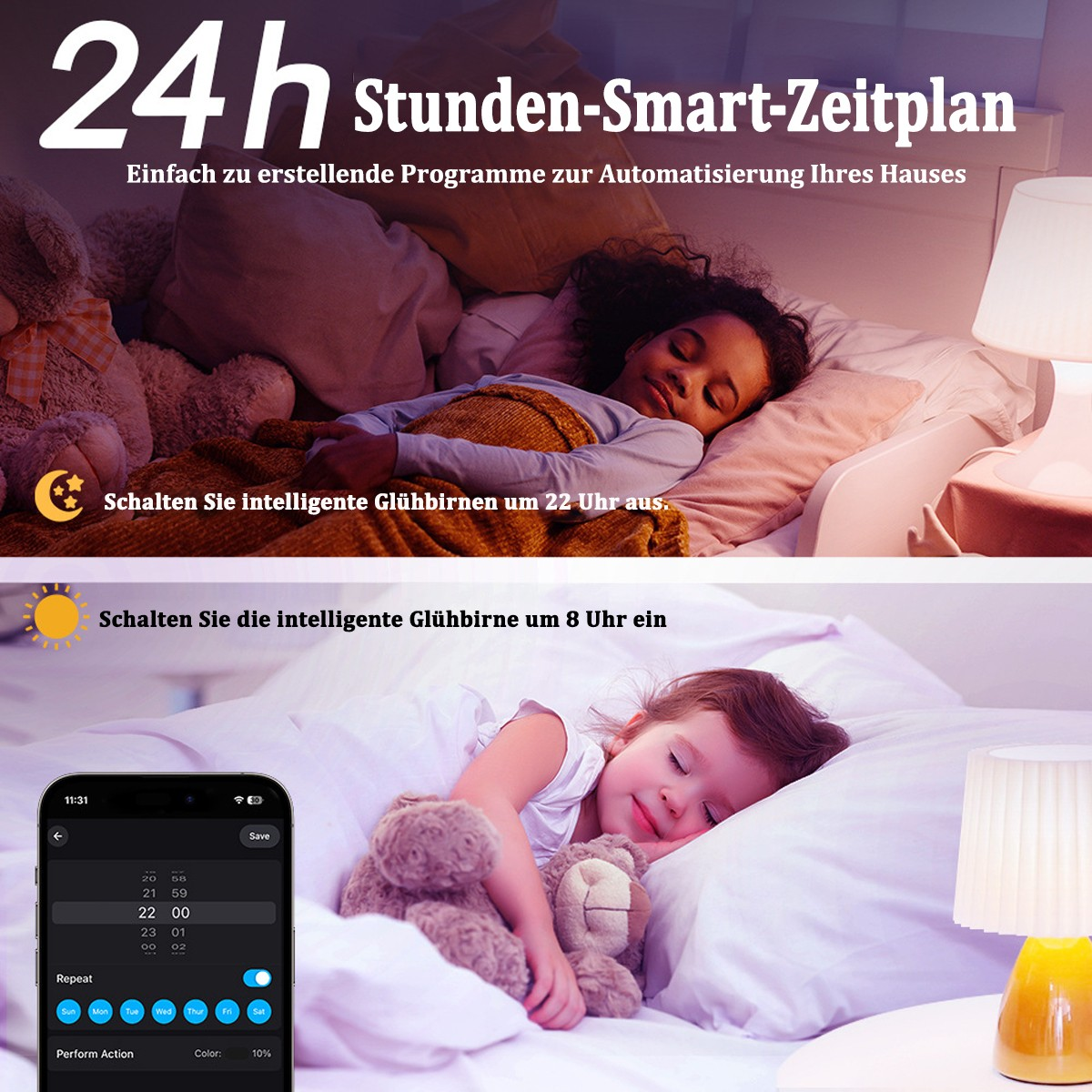 Zwei Kinder schlafen im Bett. Smart Home-Oberfläche auf einem Telefon. Nachttischlampen. Text zur Smart Home-Automatisierung.
