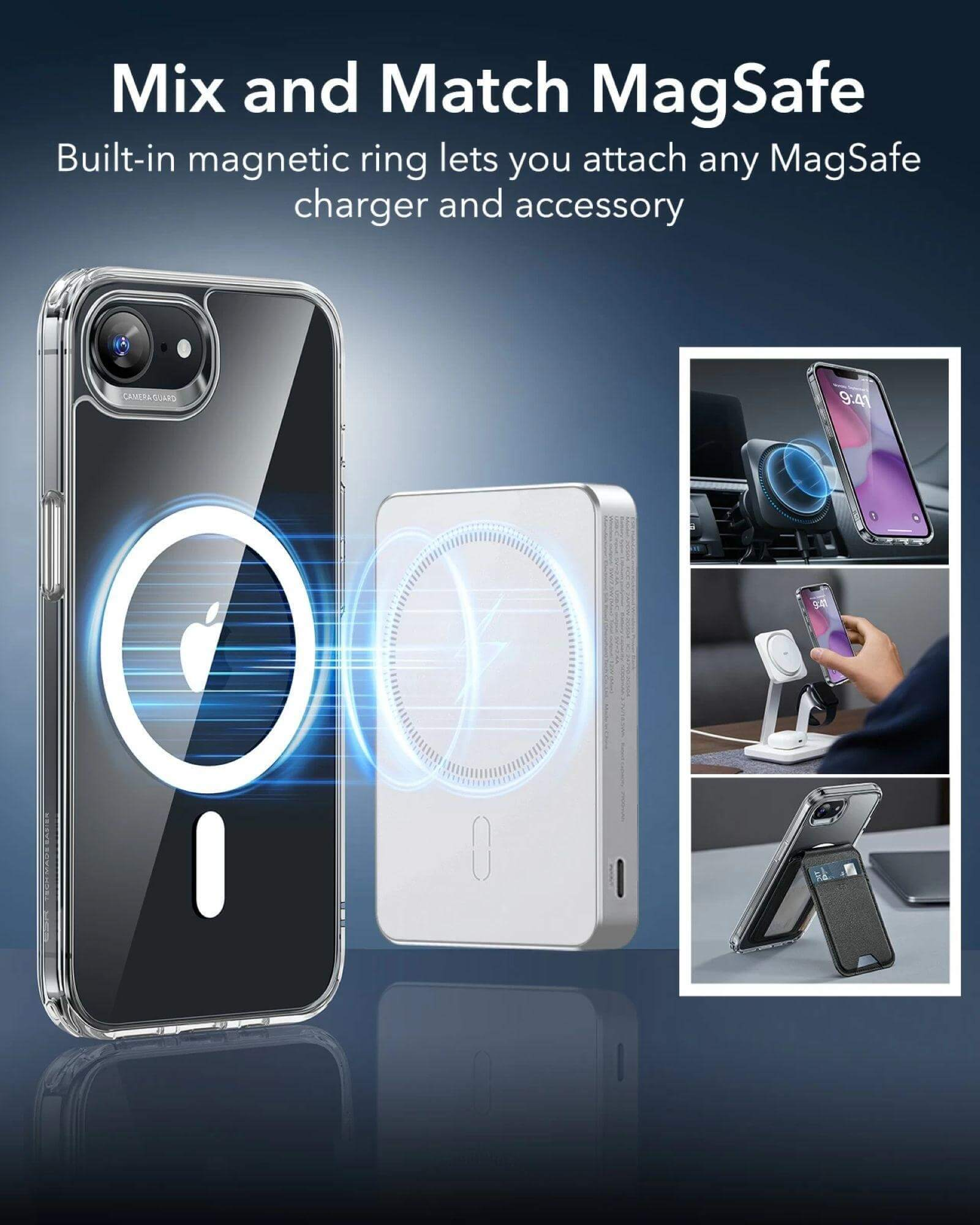MagSafe özellikli telefon kılıfı, şarj cihazı ve çeşitli aksesuarlar dahil.