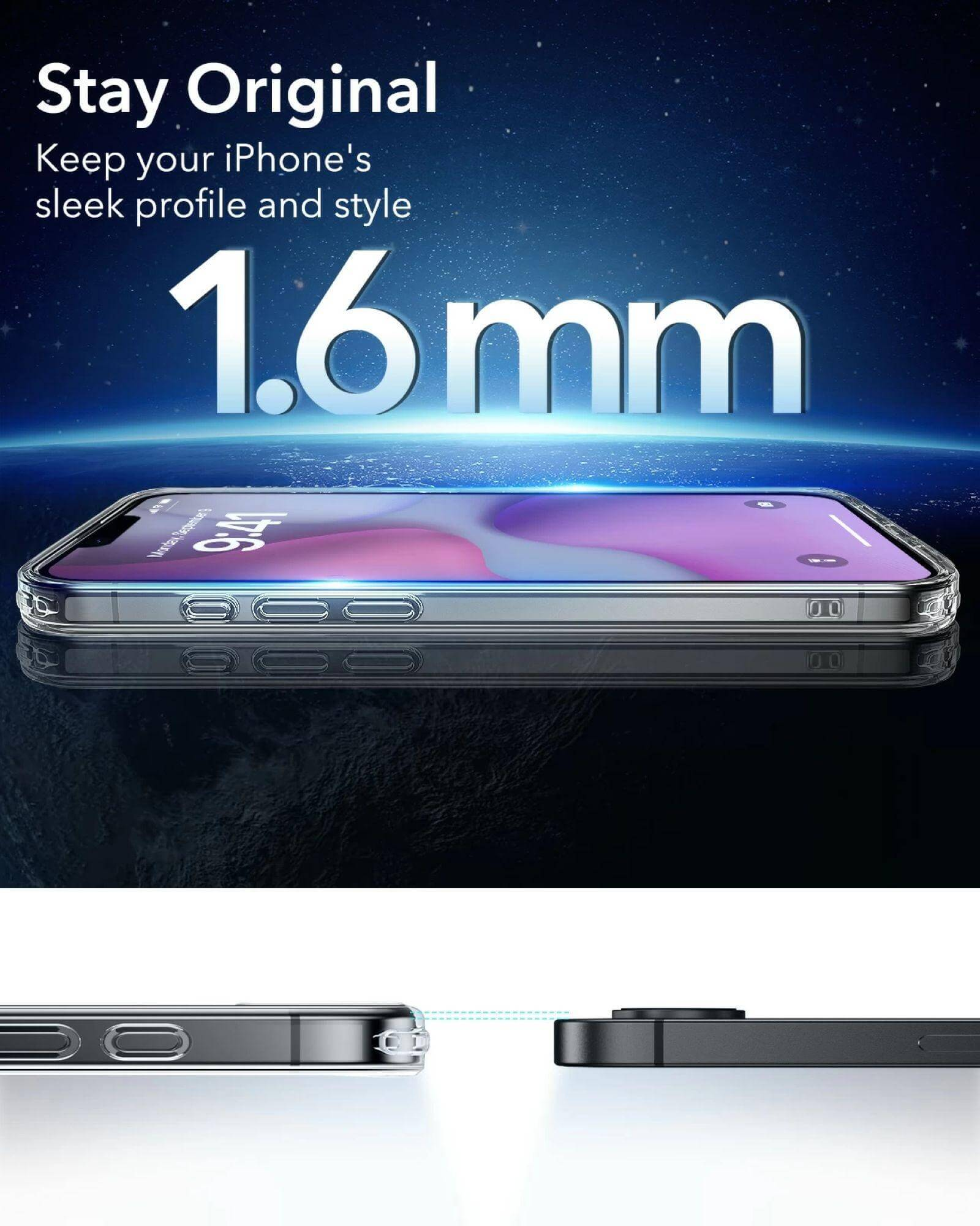 İki iPhone'un yakın çekimi. Üstteki şeffaf bir kılıf içinde, alttaki ise yan görünüm.