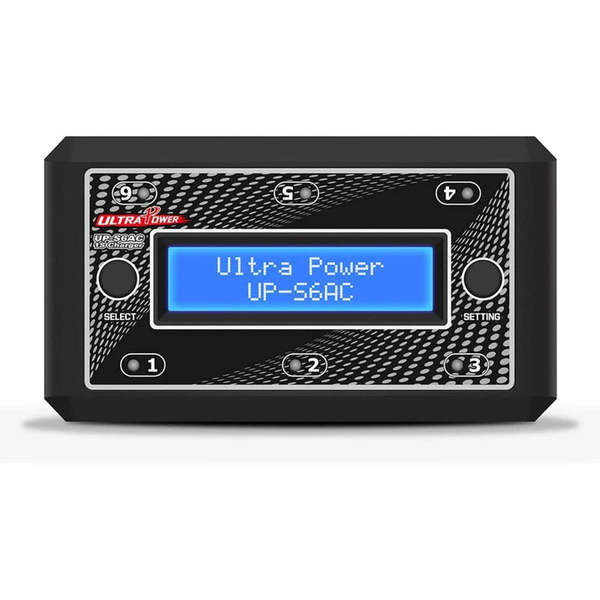 Schwarzes Ultra Power UP-S6AC Ladegerät mit blauem LCD-Bildschirm und Bedientasten.