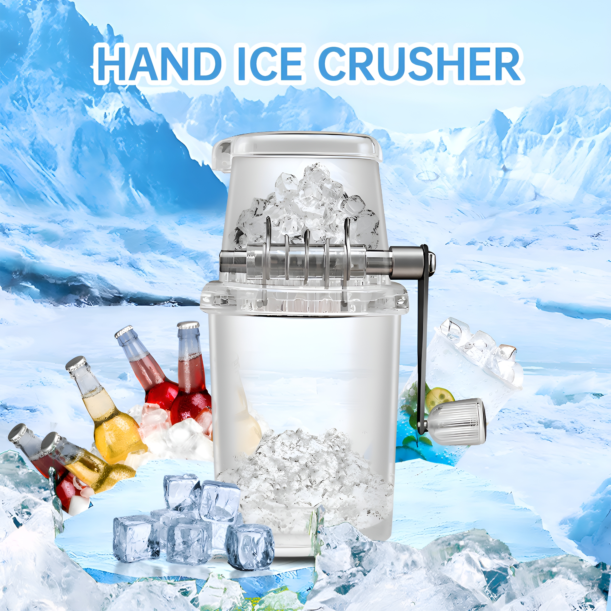 Hand-Eiscrusher mit Eis und Getränken im Hintergrund. Der Hintergrund zeigt Berge.