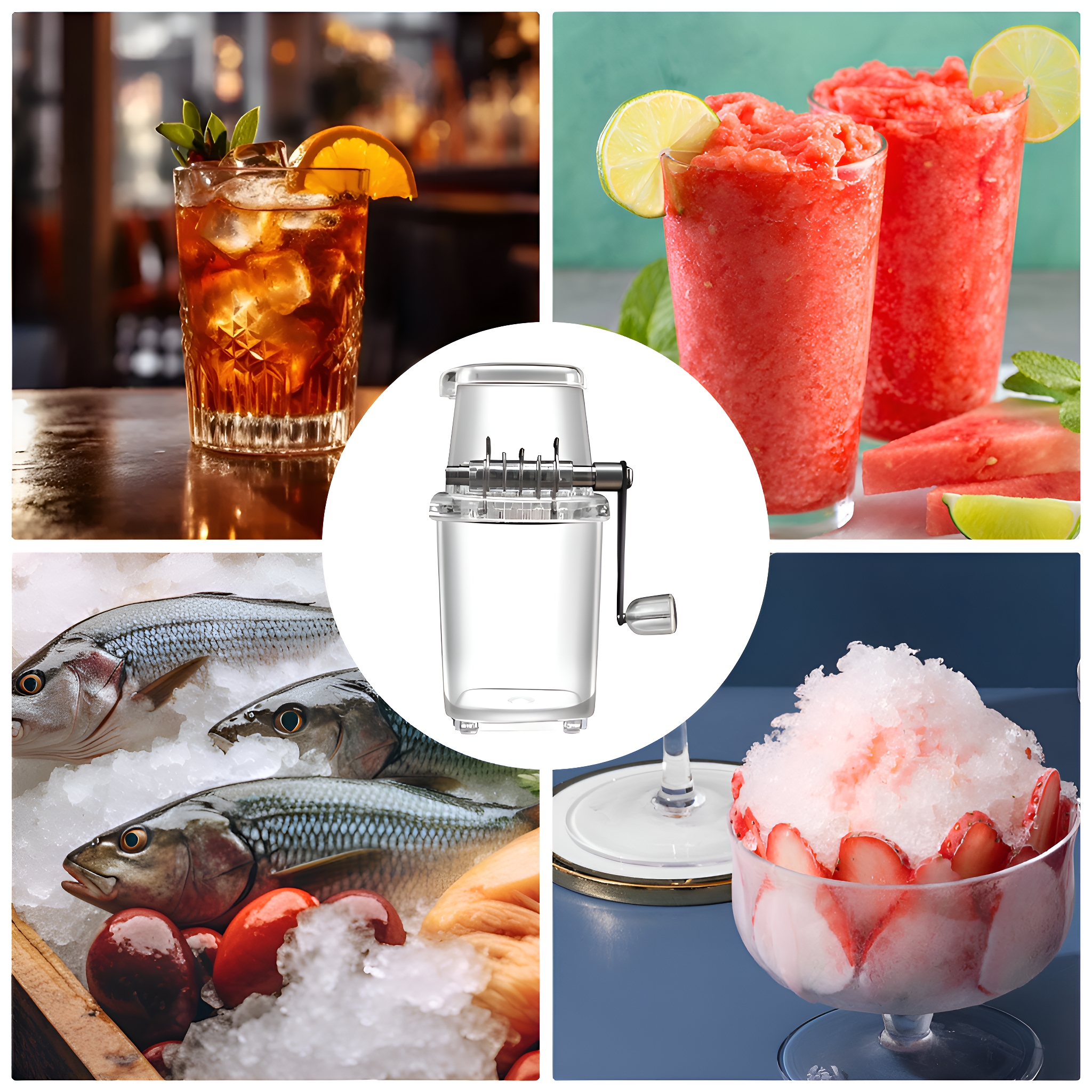 Collage: Cocktails, Eis, Fisch und eine Eisschneidemaschine.