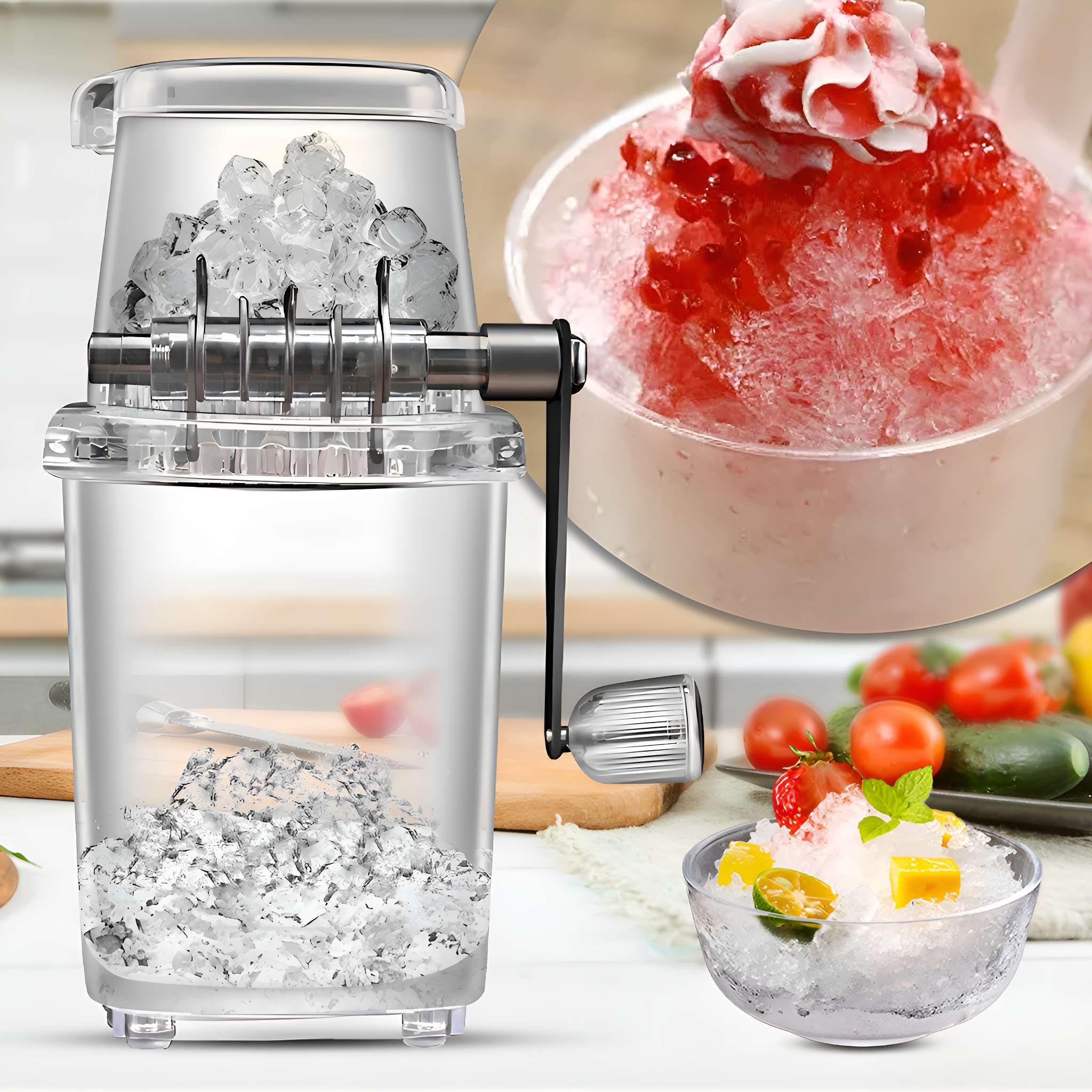 Eisraspelmaschine mit transparentem Behälter und zwei Schalen mit Eisraspel und Toppings. Küchenhintergrund.