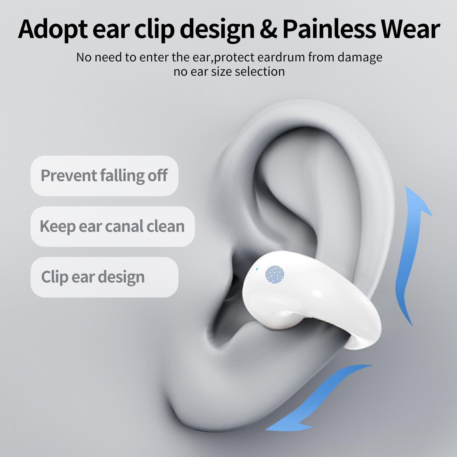 Weißer Ohrhörer im Ohr. Text: Adopt ear clip design & Painless Wear. Vermeiden des Herausfallens, saubere Gehörgänge.