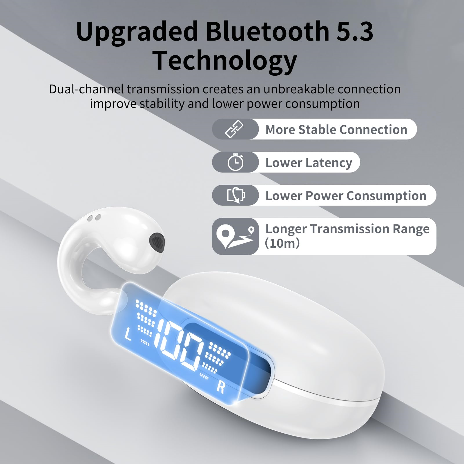 Weiße kabellose Ohrhörer mit Display, das 100% anzeigt. Text: Verbesserte Bluetooth 5.3 Technologie.