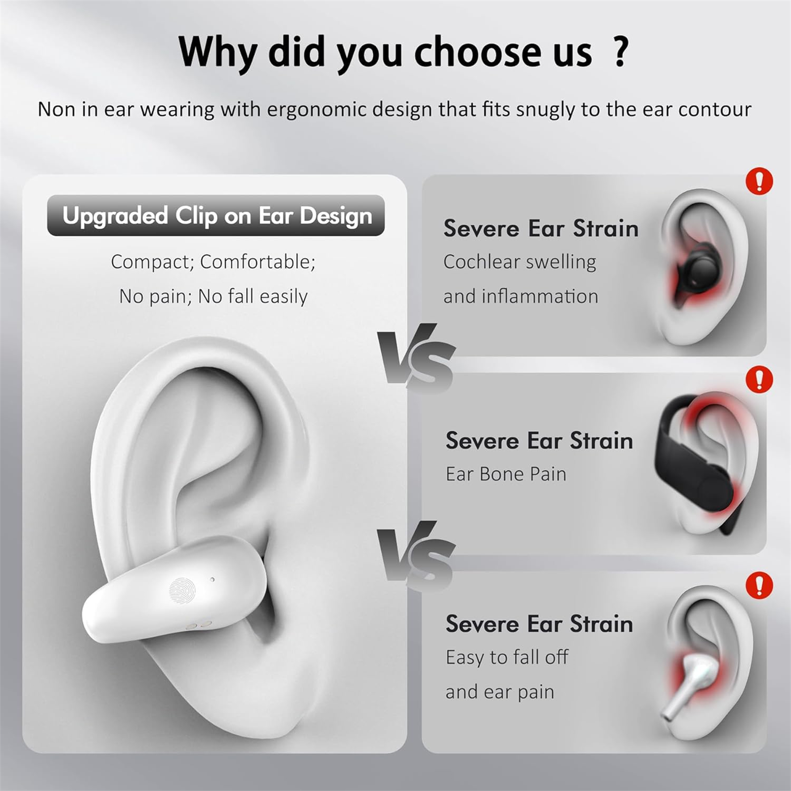 Das Bild zeigt ein Kopfhörerdesign. Es vergleicht das Design mit In-Ear-Designs, die zu Ohrenschmerzen führen.