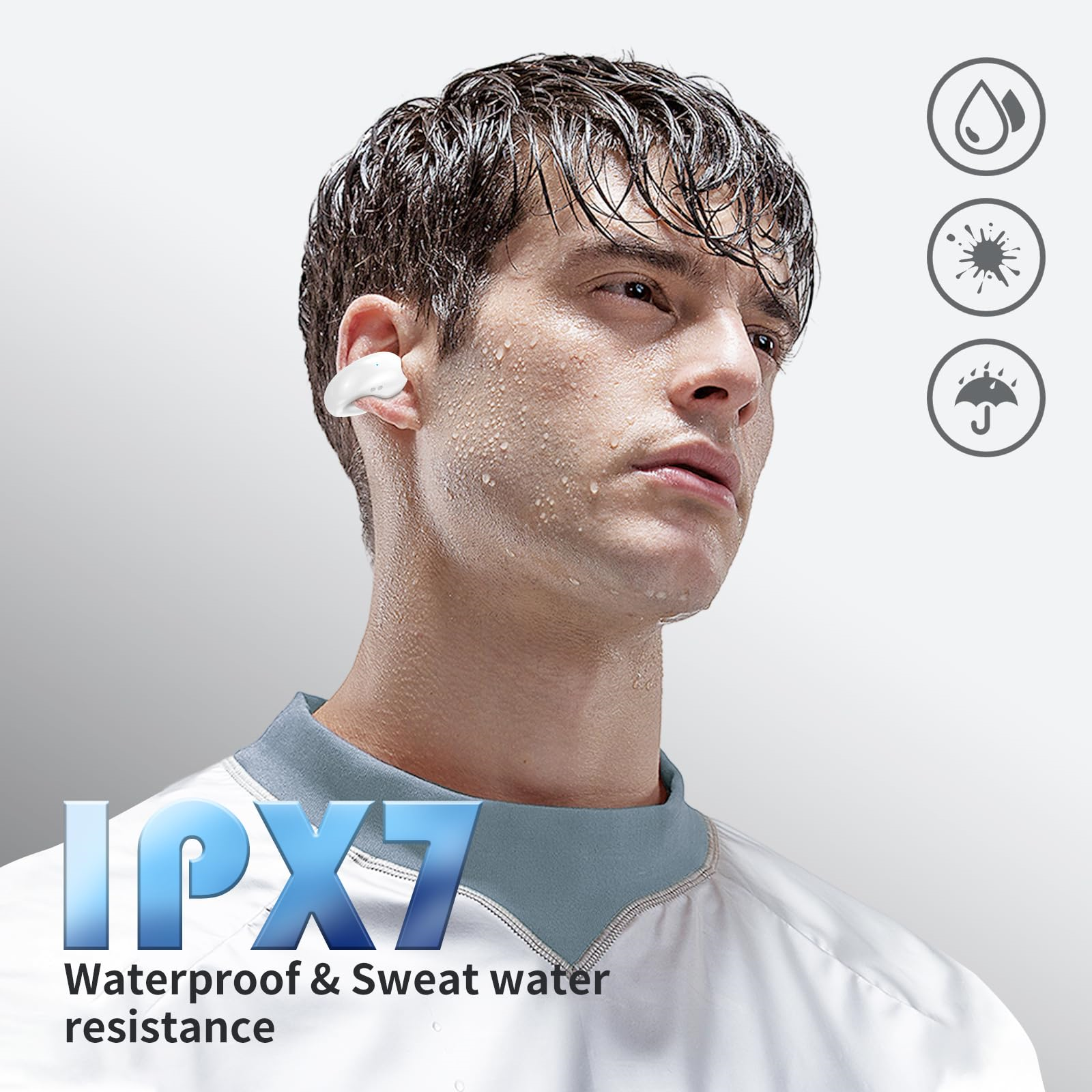 Mann mit Ohrhörern, Wassertropfen und Logo. Text: Wasserdicht & Schweißwasserbeständigkeit.