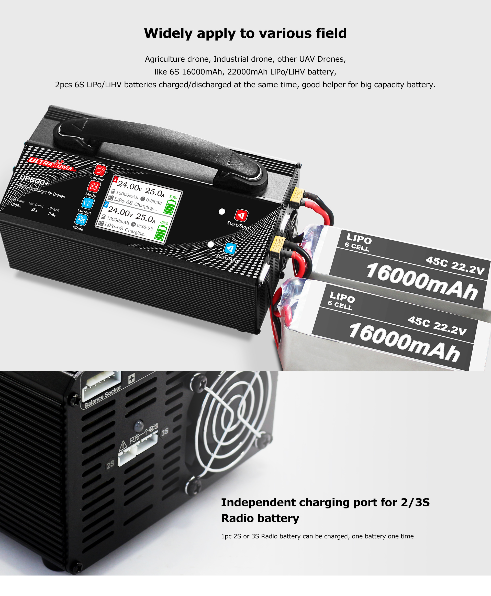 Ladegerät mit zwei Batterien, Text: 16000mAh und 'Unabhängiger Ladeanschluss'.