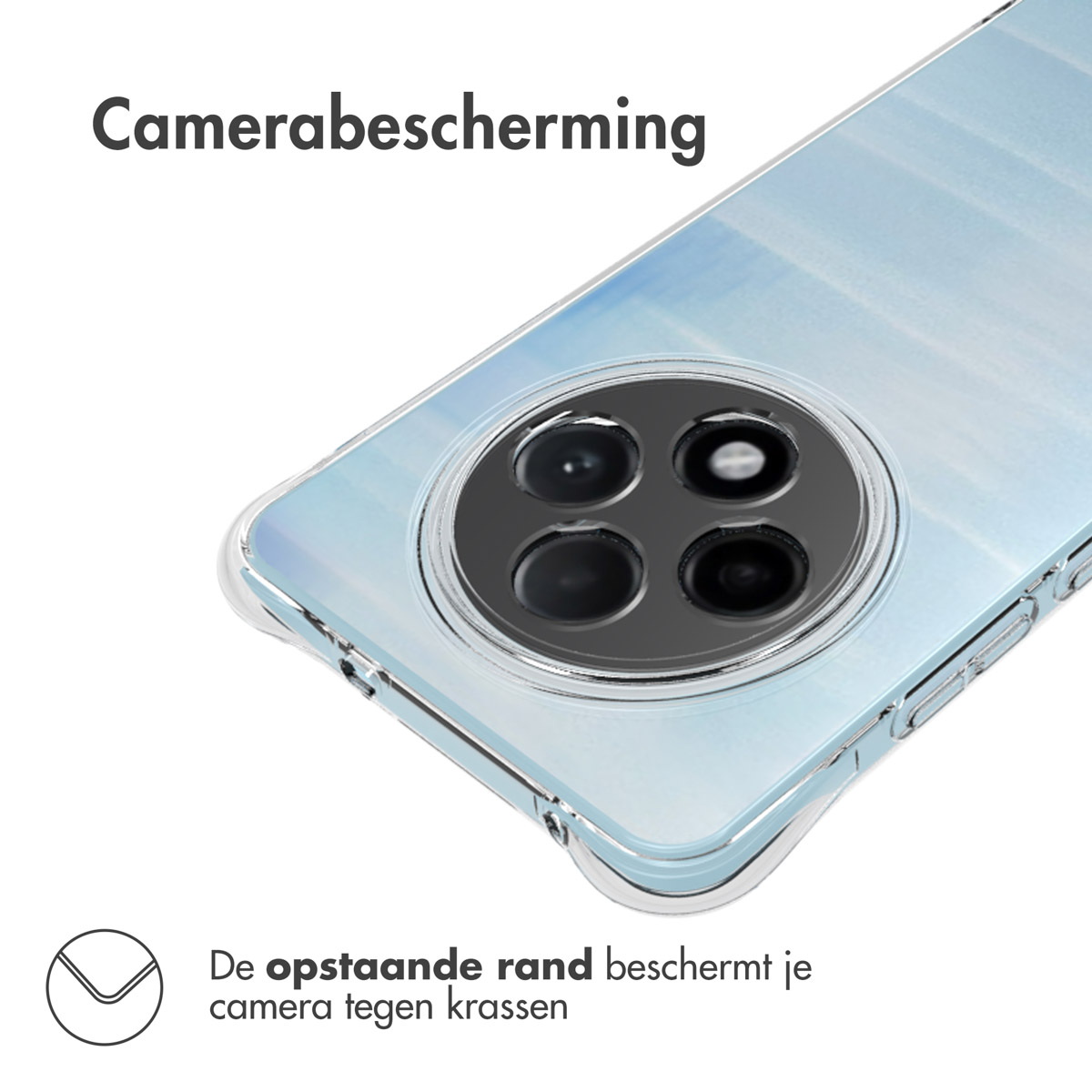 Eine transparente Handyhülle. Die Hülle umschließt ein blaues Telefon. Kameraschutz ist sichtbar.