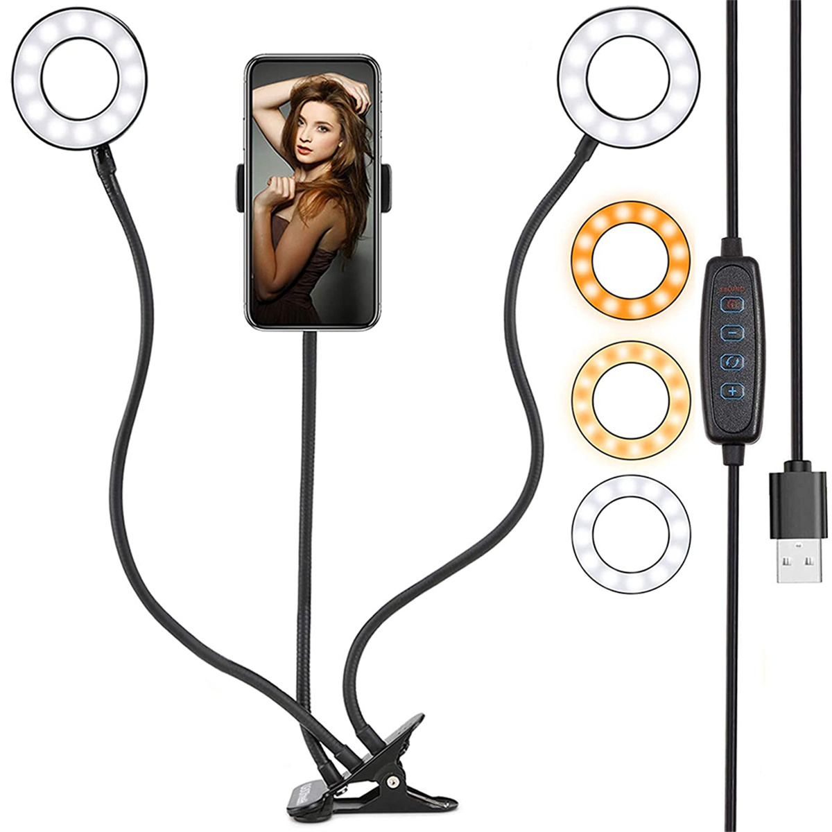 Telefon mit zwei Ringleuchten, einem Telefonhalter und einem Bedienfeld.