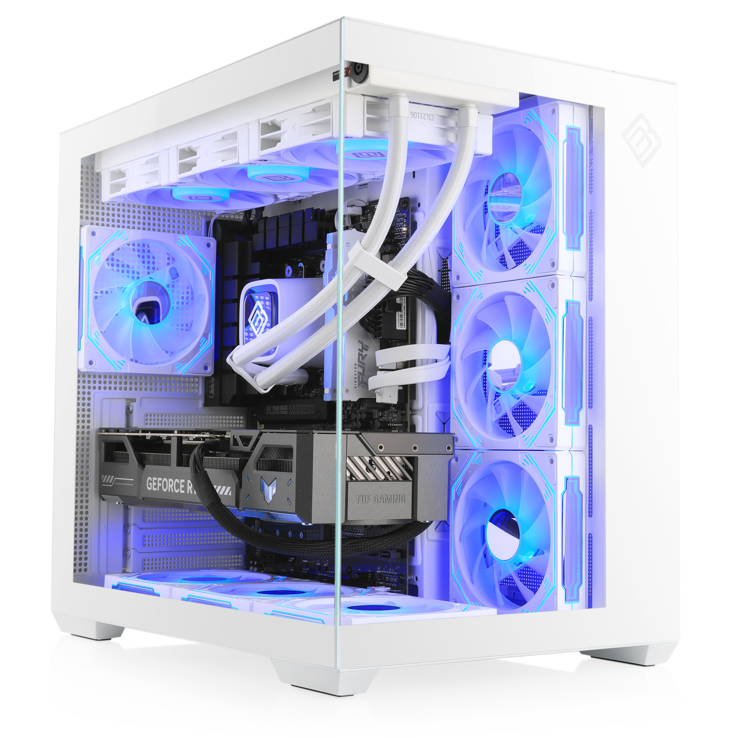 Weißes Computergehäuse mit blauen Lichtern und sichtbaren Komponenten.