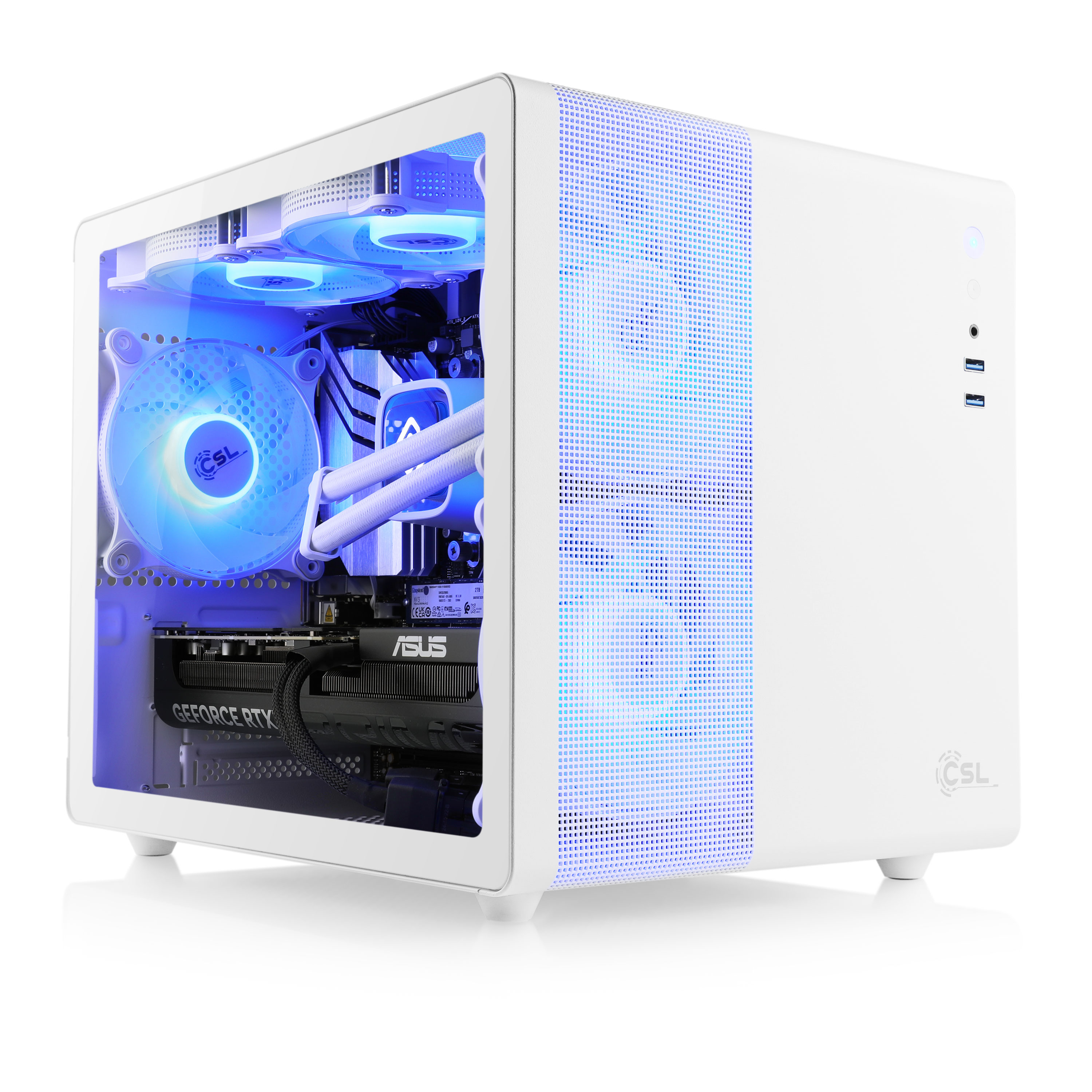 Weißes Computergehäuse mit blauen Lichtern im Inneren, das Komponenten und eine transparente Seite zeigt.
