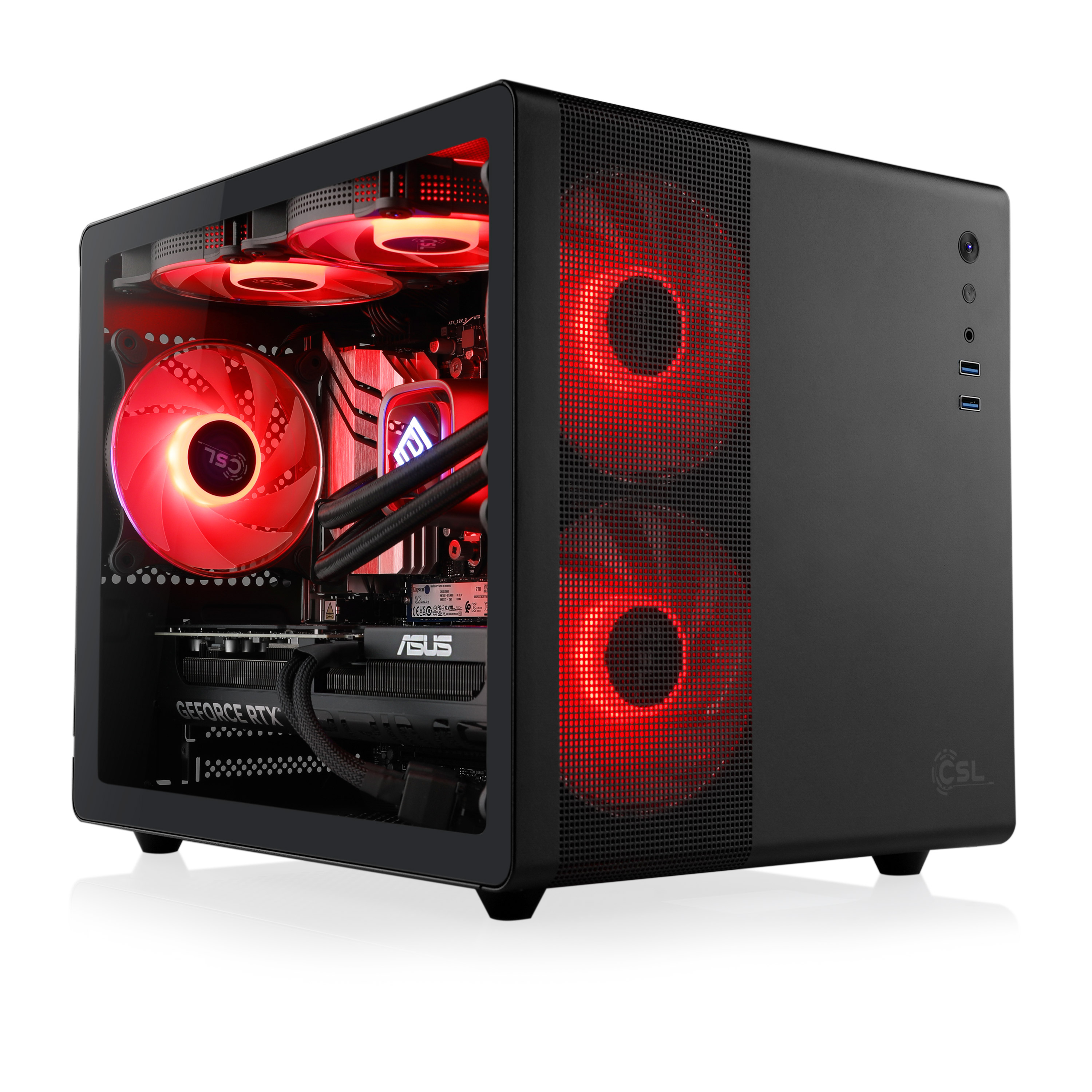 Schwarzer Gaming-PC mit roter Innenbeleuchtung, Lüftern und Komponenten.