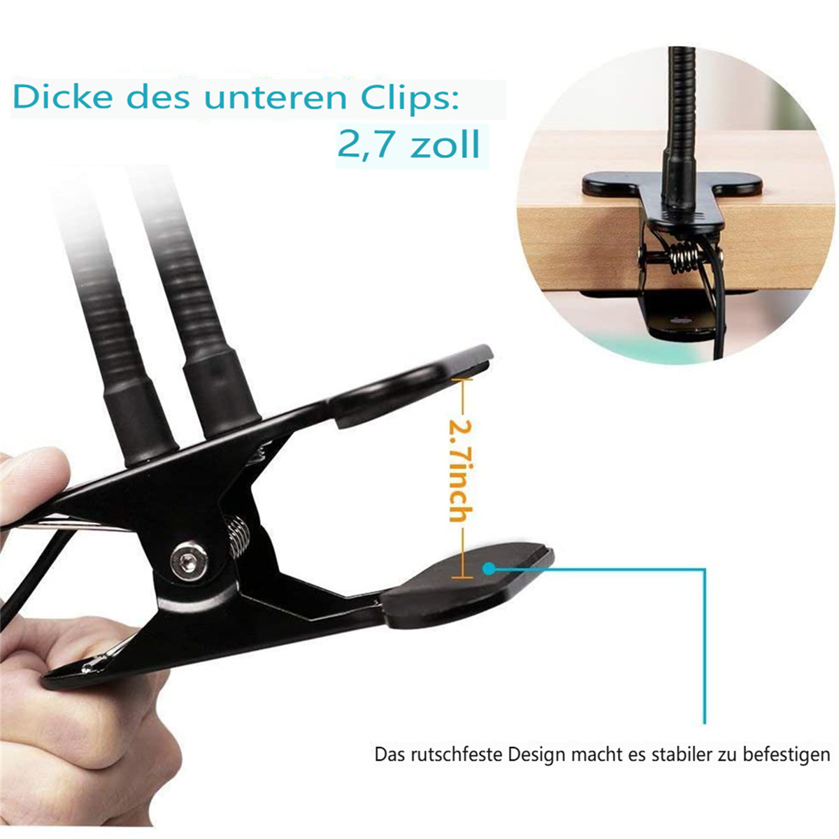Schwarze Klemme mit zwei flexiblen Armen. Die Klemme ist an einer Holzoberfläche befestigt.