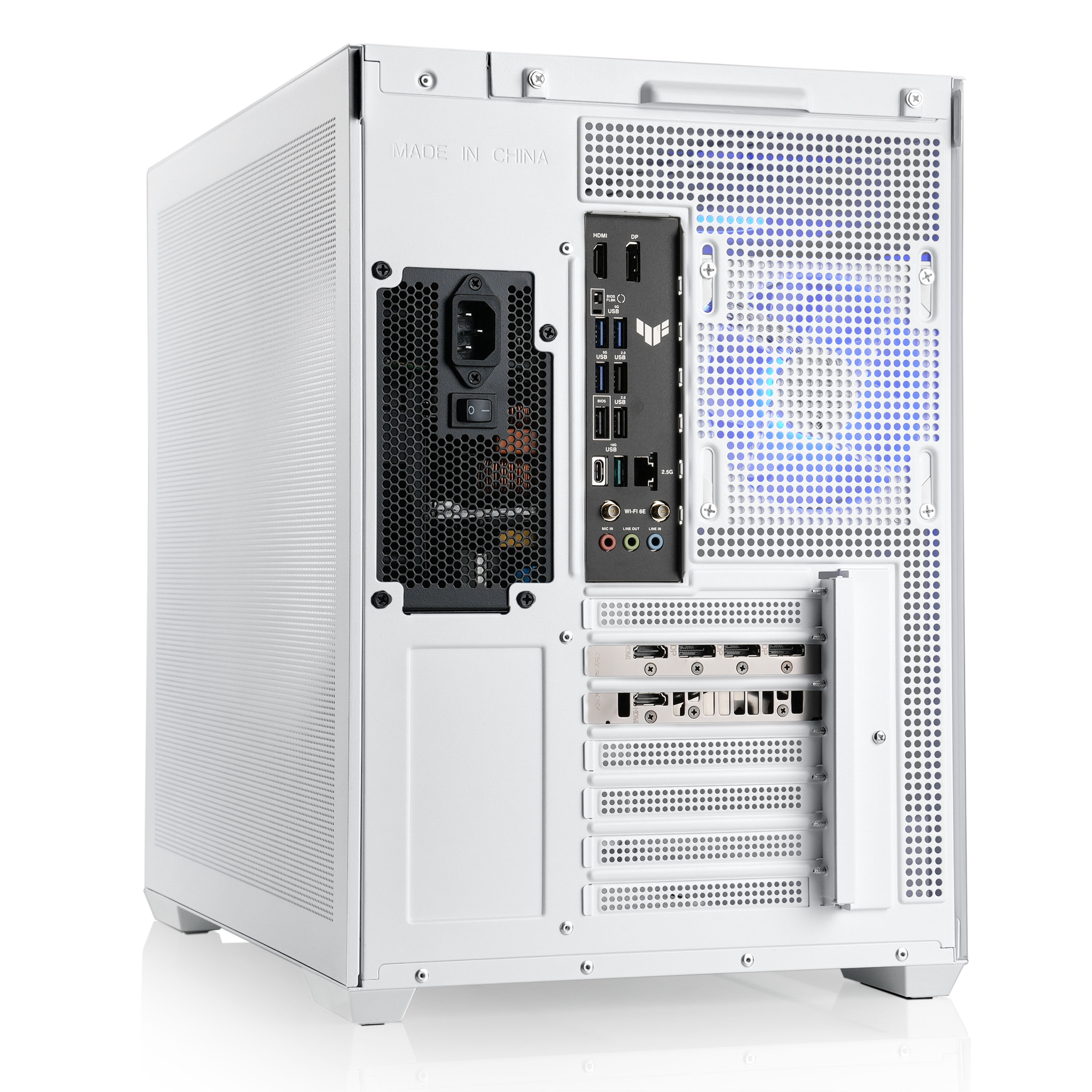 Weißes Computergehäuse, Rückansicht, mit Komponenten und Anschlüssen.
