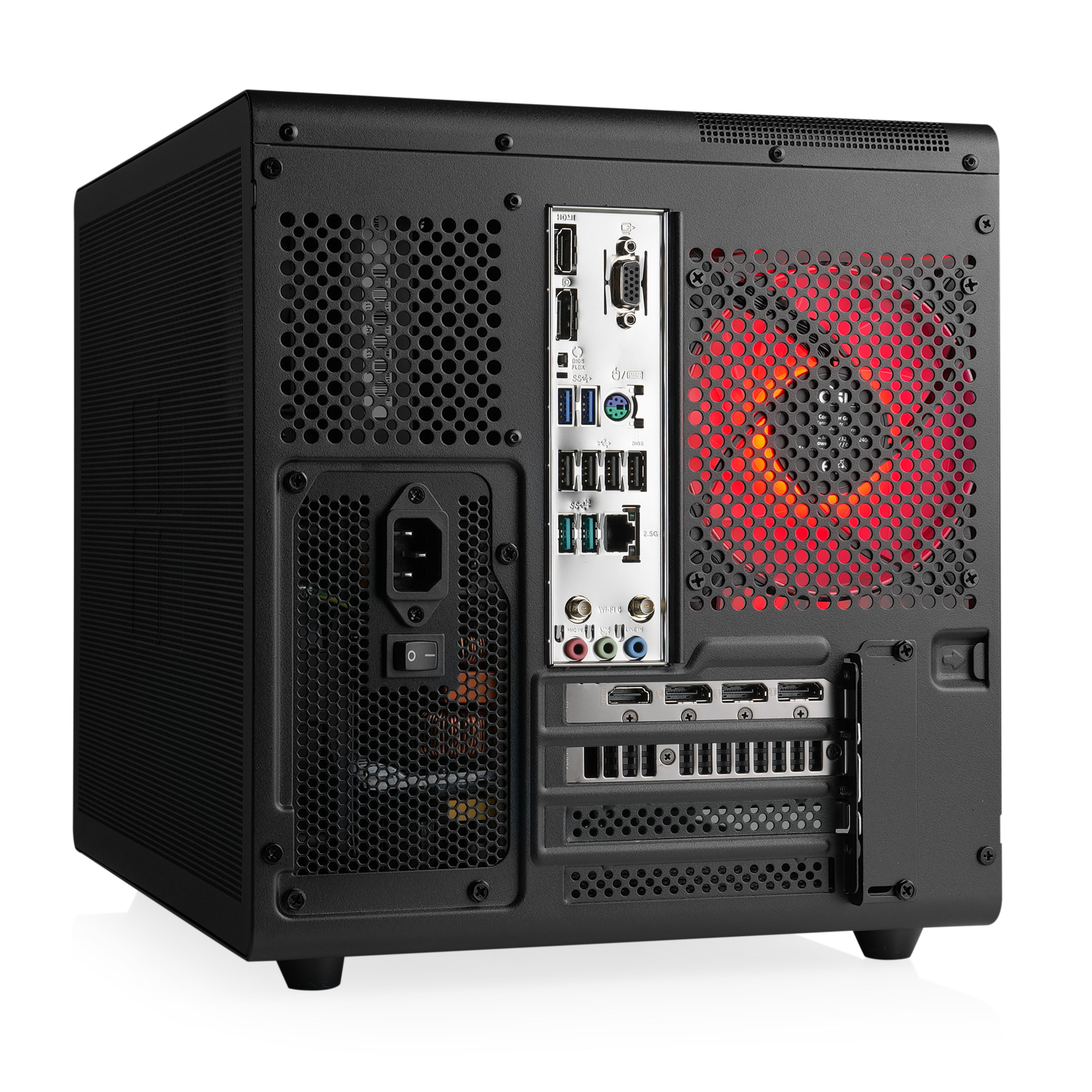 Schwarze PC-Rückwand mit Anschlüssen und Lüftungsschlitzen. Rotes Licht innen.