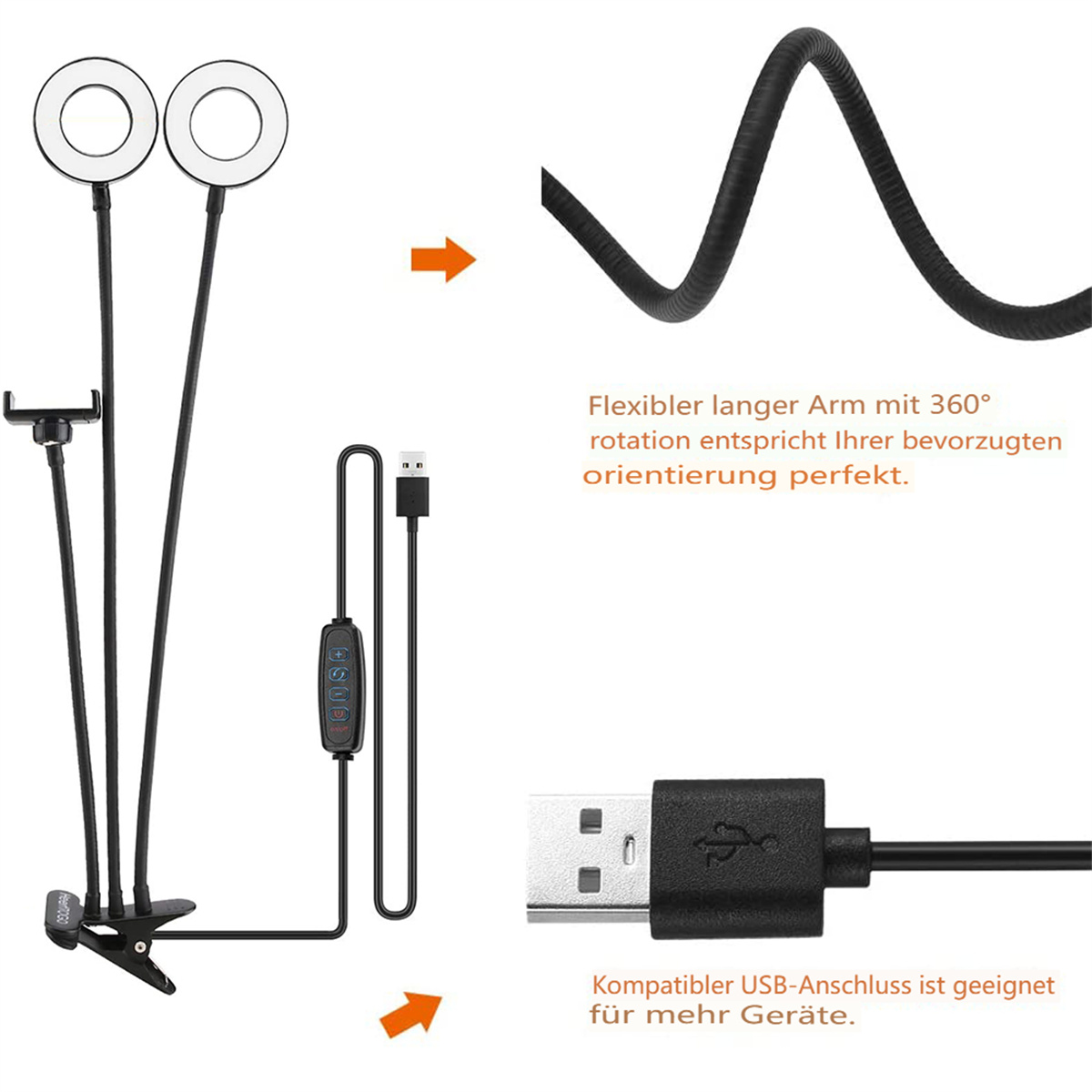 Schwarzes Ringlicht-Setup mit USB-Kabel und flexiblem Arm.