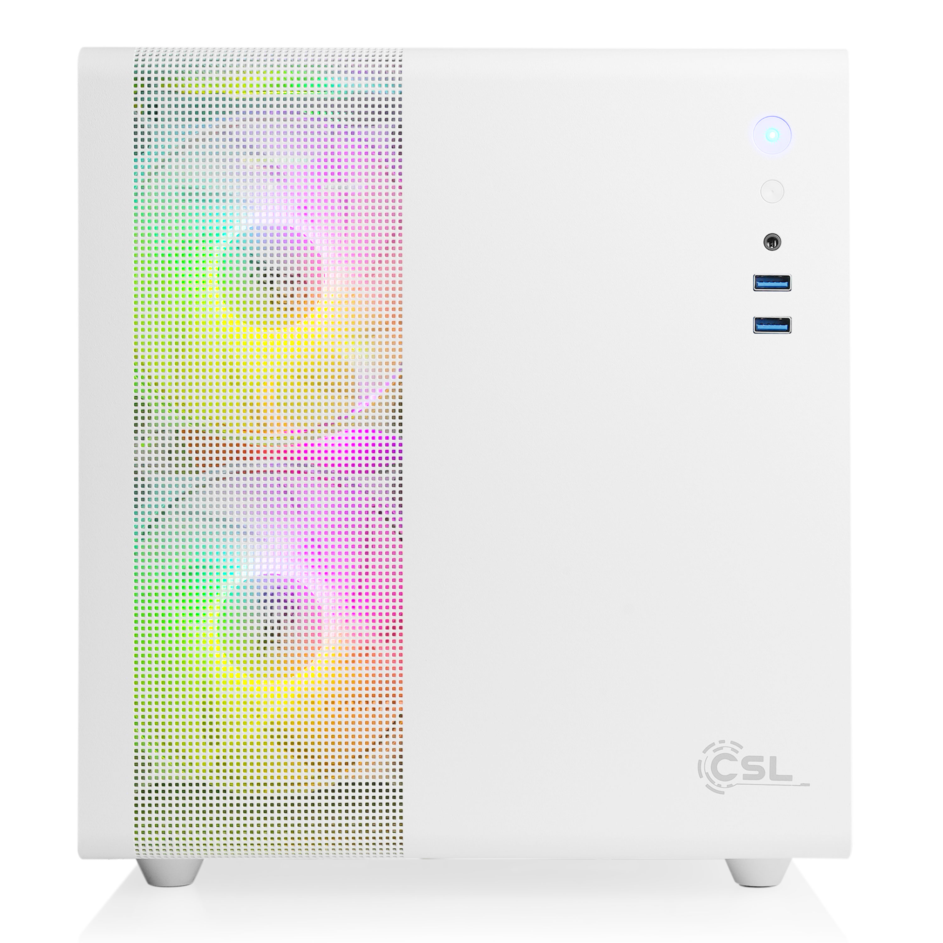 Ein weißes Computergehäuse mit farbenfrohem Frontgrill, Anschlüssen und CSL-Logo.