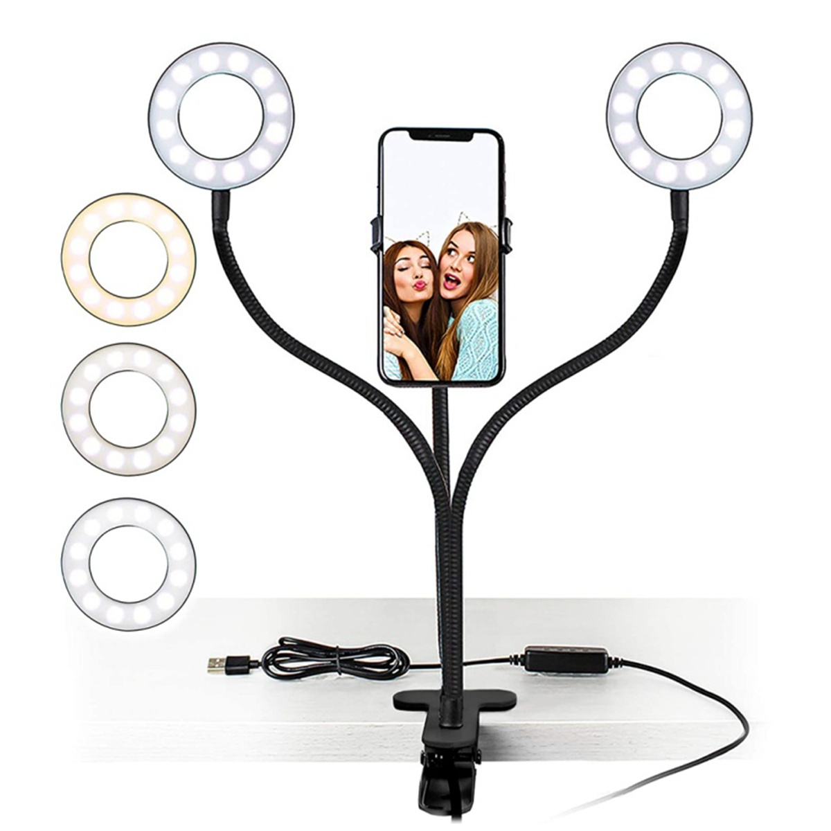 Ein Telefon mit zwei Ringlichtern an flexiblen Armen, montiert auf einem Tisch mit schwarzem Clip und Netzkabel.