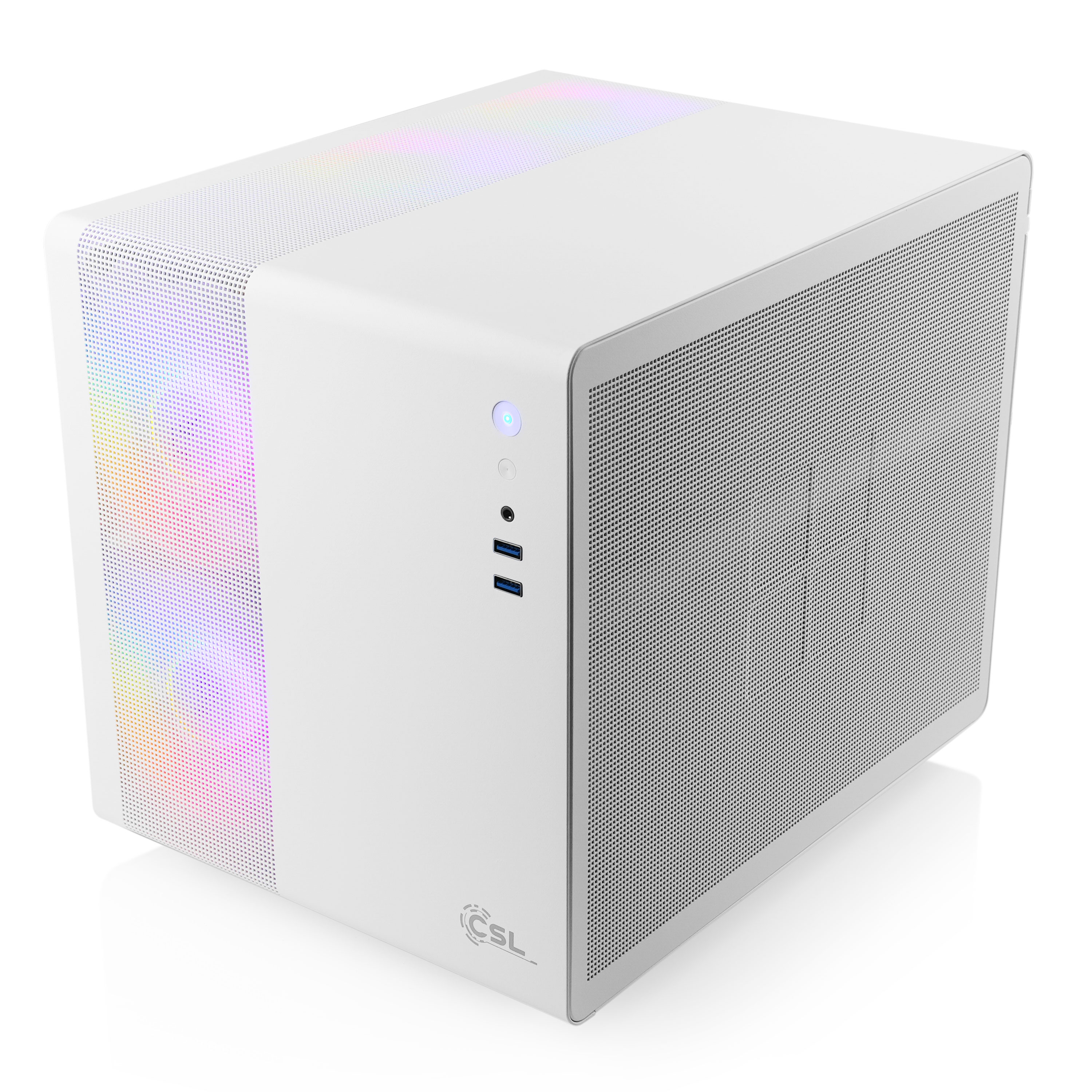 Weißes Computergehäuse mit RGB-Beleuchtung an der Seite. Das Gehäuse hat ein schlankes, modernes Design.